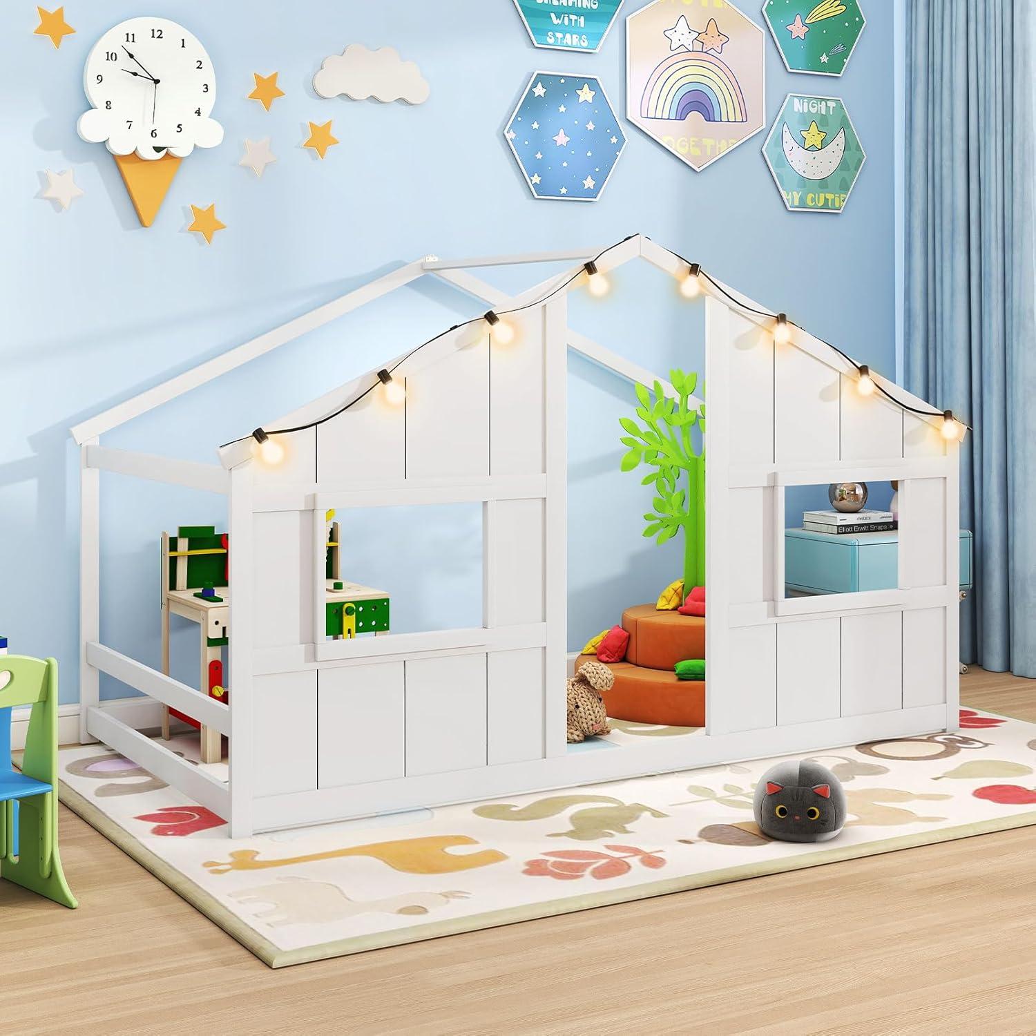 Cama Casa Infantil Twin Giantex con Luces LED - Madera Blanca