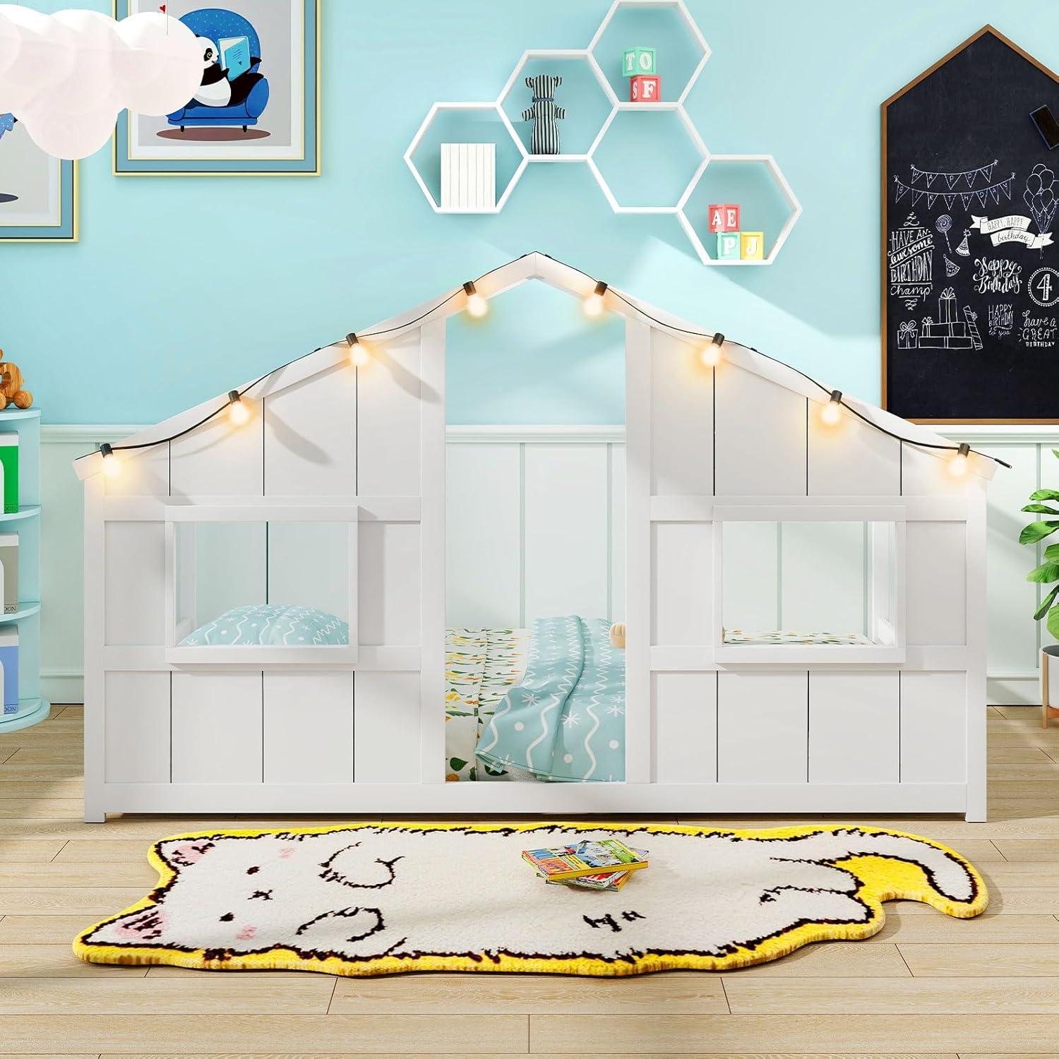 Cama Casa Infantil Twin Giantex con Luces LED - Madera Blanca