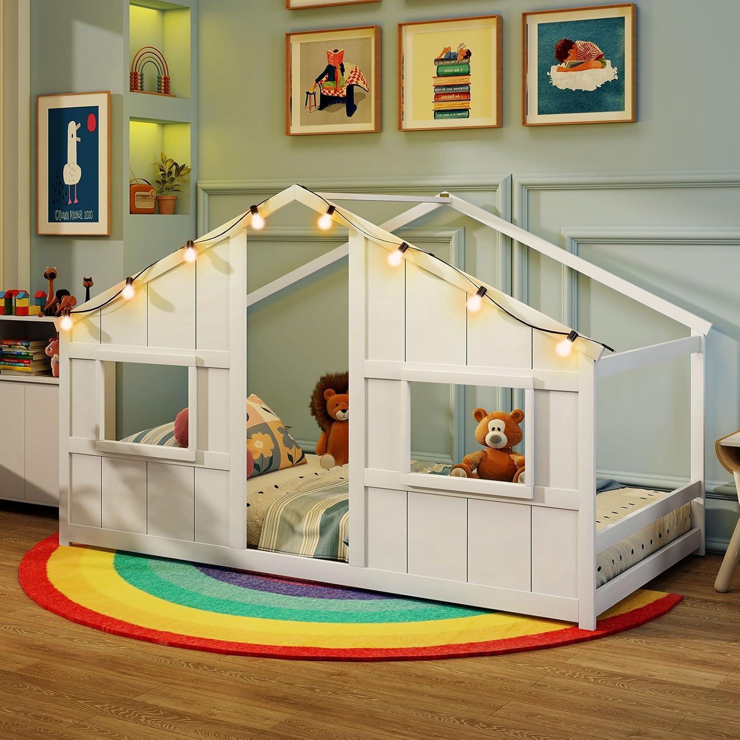Cama Casa Infantil Twin Giantex con Luces LED - Madera Blanca