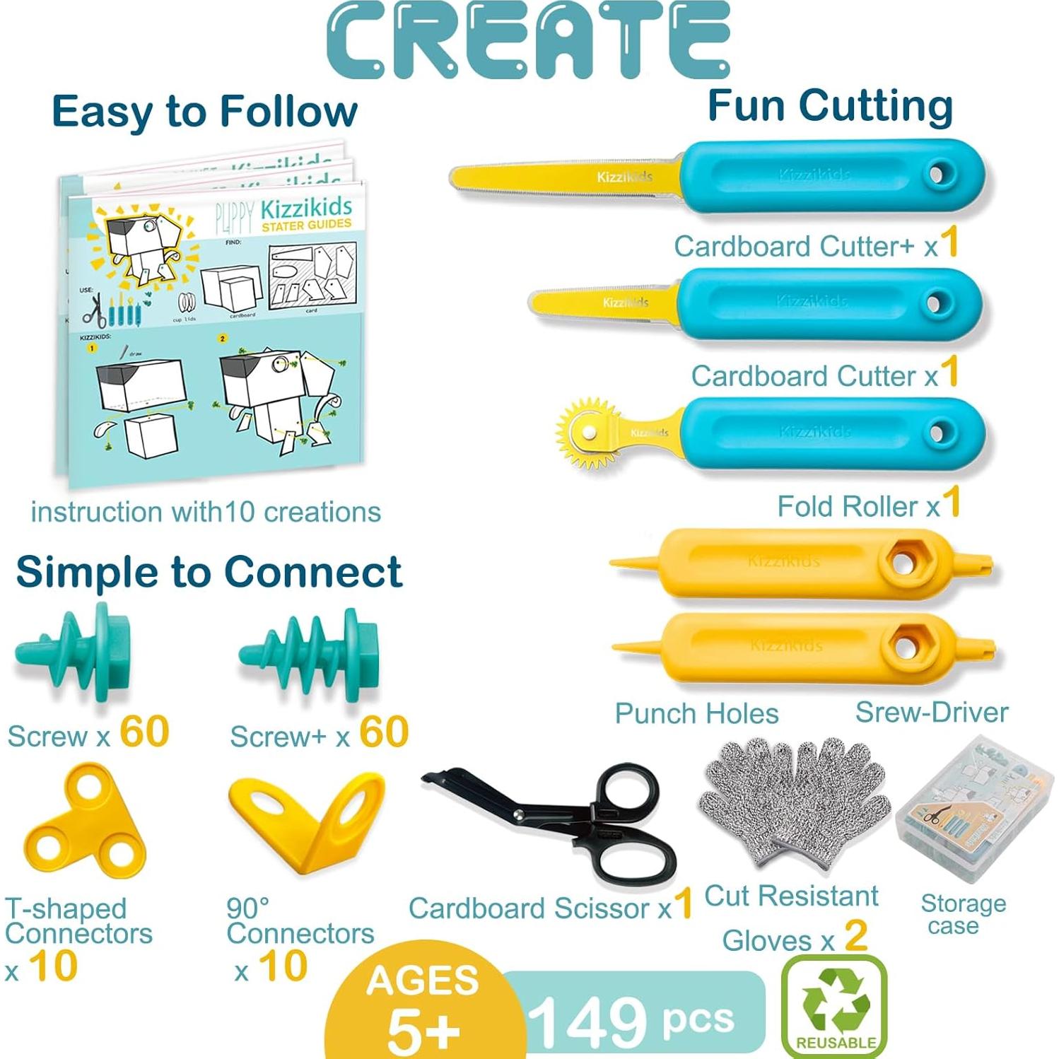 Kit de Herramientas de Cartón Kizzikids 149 PCS para Niños 5+