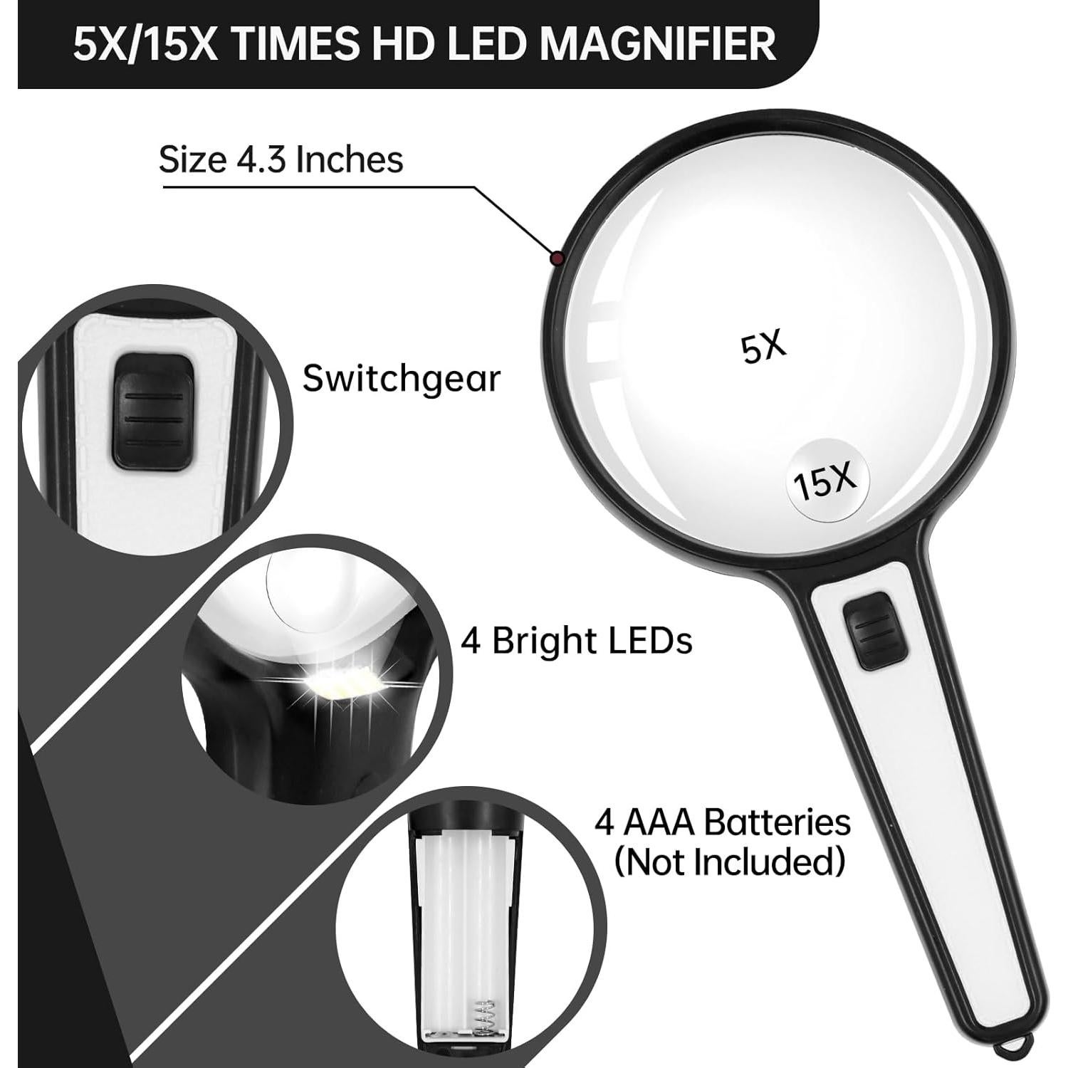 Lupa de Mano Huiboer 15X con Luz LED 10.92 cm para Lectura