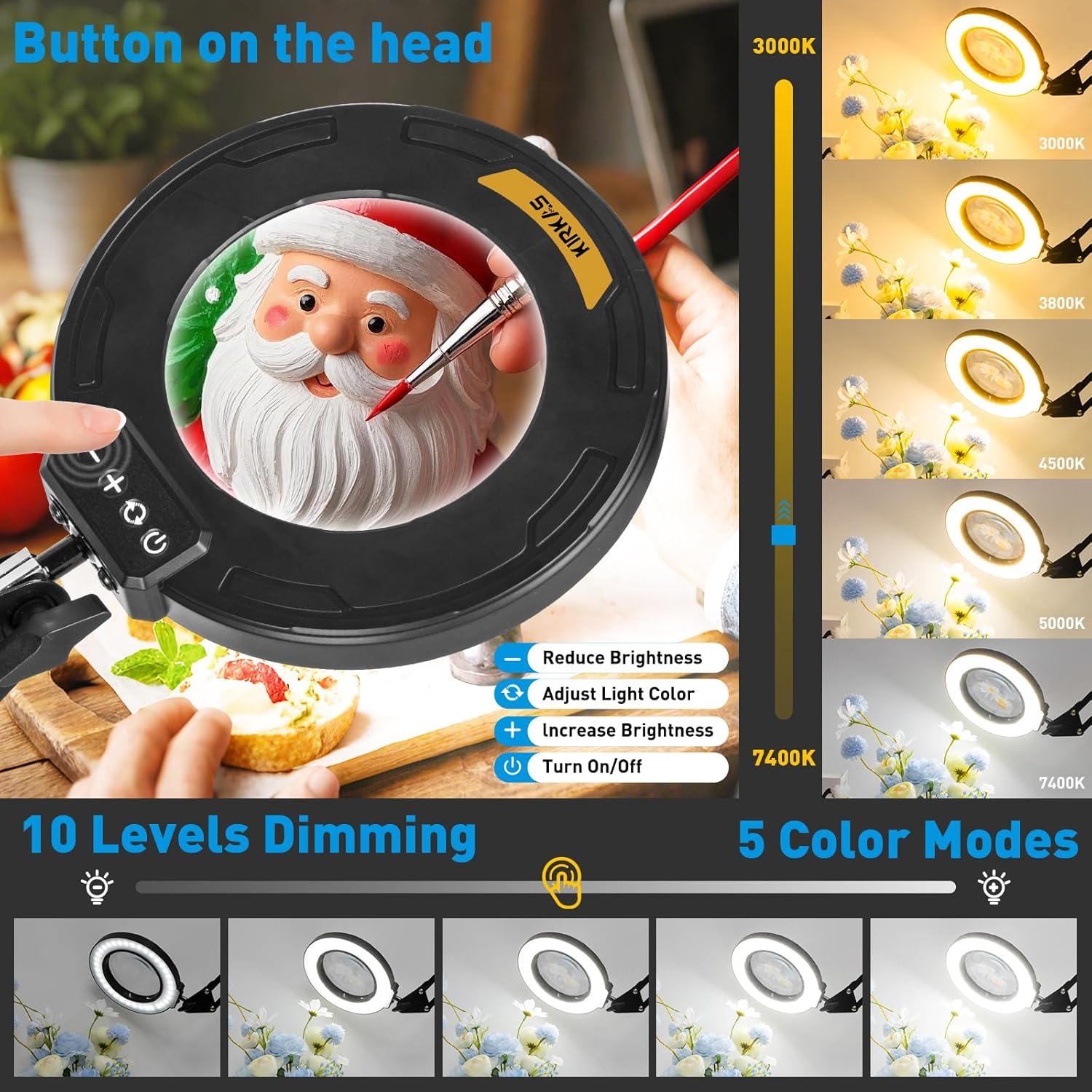 KIRKAS 12X Magnifying Glass with Light Large Clamp, Real Glass Lens Lighted Magnifying Lamp, 3 Section Swing Arm and 5 Color Modes 10 Levels Dimming LED Mgnifier for Reading Craft Hobby Close Work