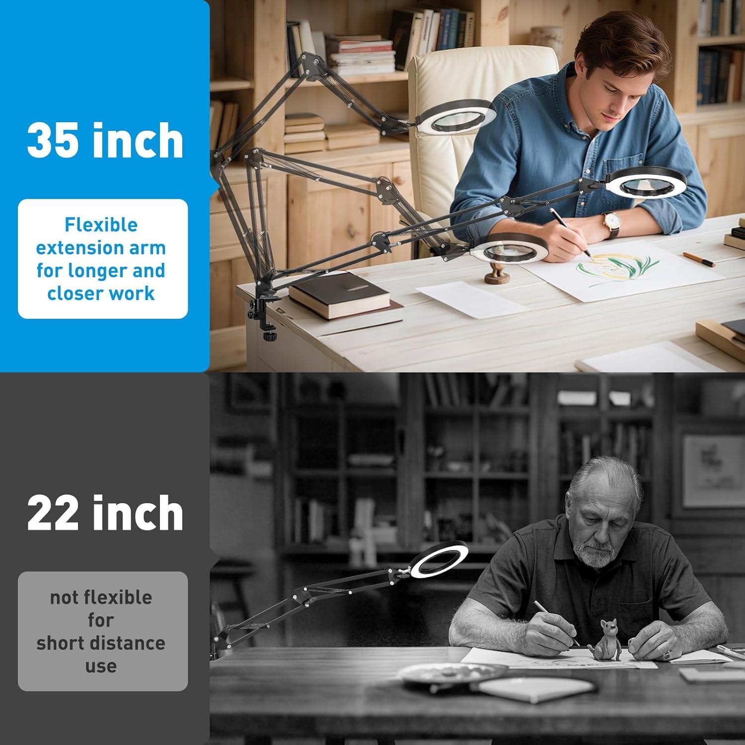 KIRKAS 12X Magnifying Glass with Light Large Clamp, Real Glass Lens Lighted Magnifying Lamp, 3 Section Swing Arm and 5 Color Modes 10 Levels Dimming LED Mgnifier for Reading Craft Hobby Close Work