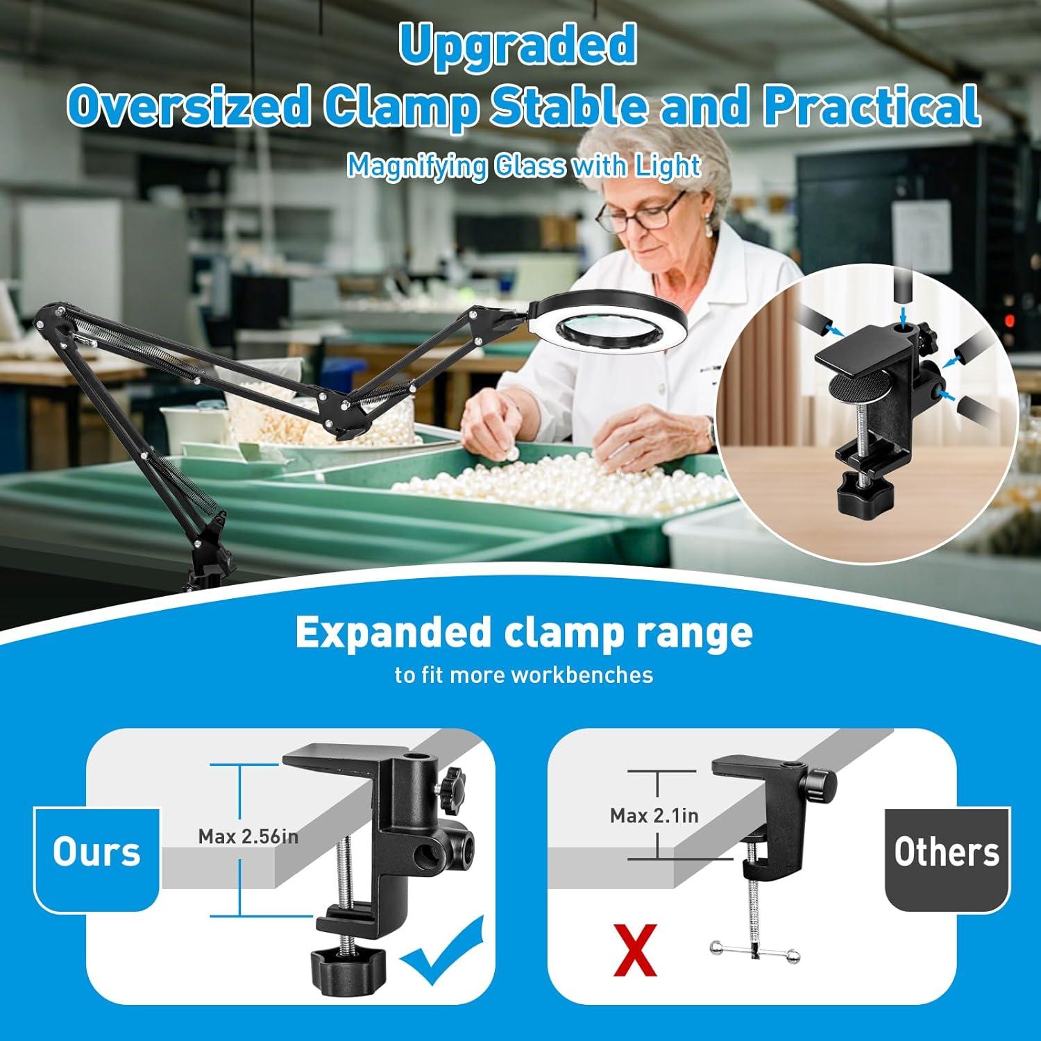 KIRKAS 12X Magnifying Glass with Light Large Clamp, Real Glass Lens Lighted Magnifying Lamp, 3 Section Swing Arm and 5 Color Modes 10 Levels Dimming LED Mgnifier for Reading Craft Hobby Close Work