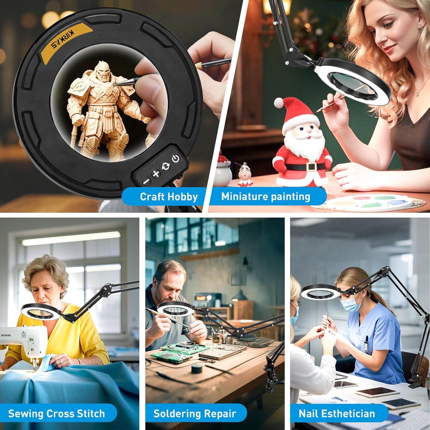 KIRKAS 12X Magnifying Glass with Light Large Clamp, Real Glass Lens Lighted Magnifying Lamp, 3 Section Swing Arm and 5 Color Modes 10 Levels Dimming LED Mgnifier for Reading Craft Hobby Close Work