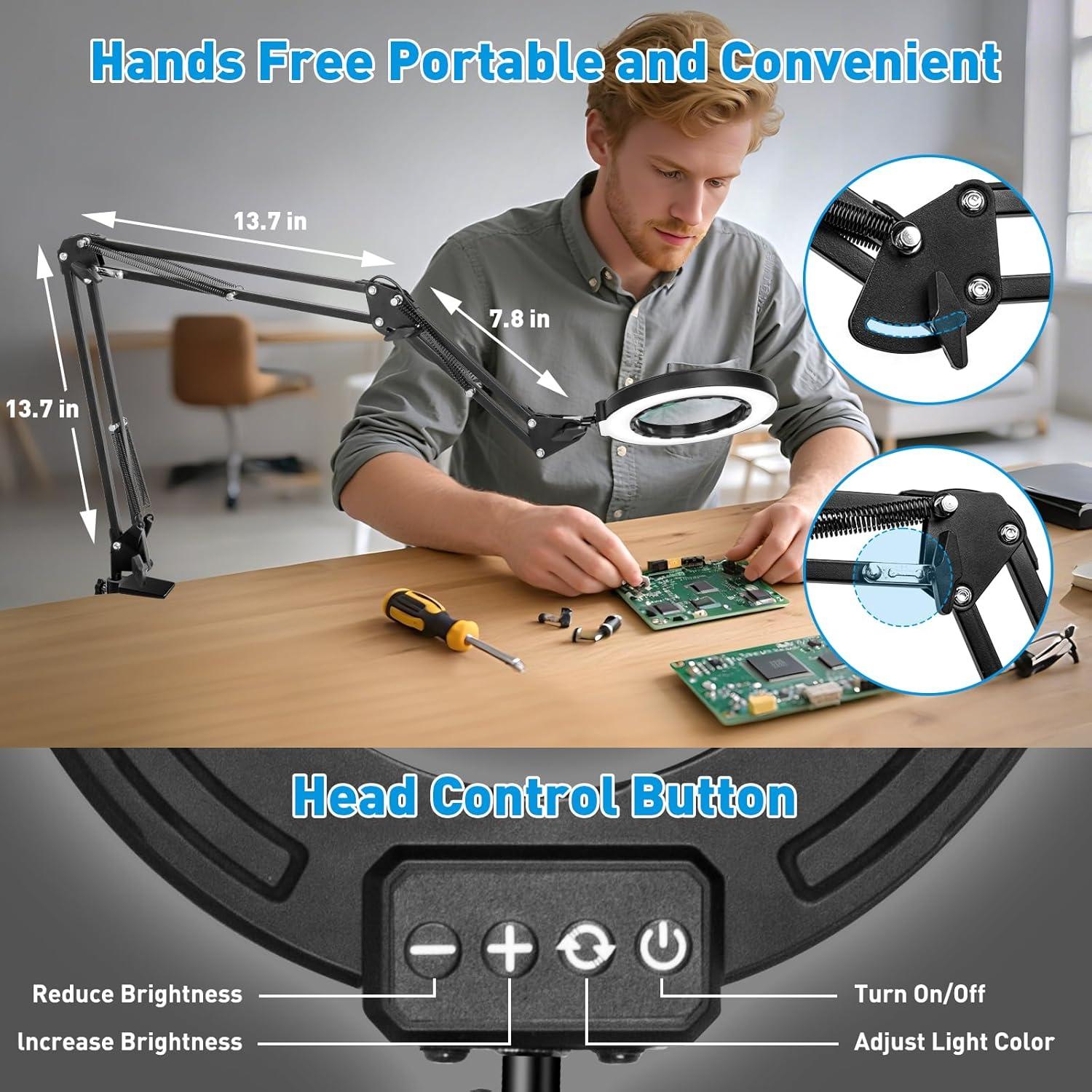 KIRKAS 12X Magnifying Glass with Light Large Clamp, Real Glass Lens Lighted Magnifying Lamp, 3 Section Swing Arm and 5 Color Modes 10 Levels Dimming LED Mgnifier for Reading Craft Hobby Close Work