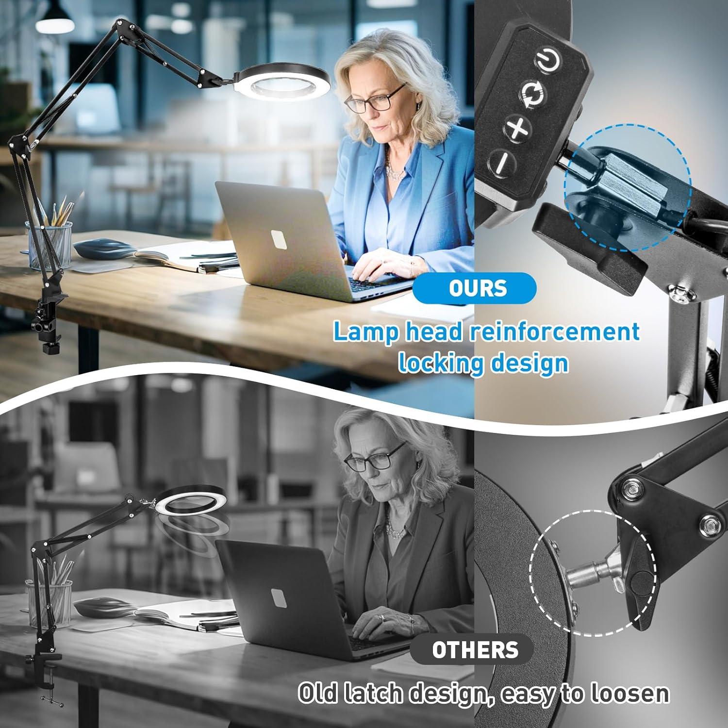 KIRKAS 12X Magnifying Glass with Light Large Clamp, Real Glass Lens Lighted Magnifying Lamp, 3 Section Swing Arm and 5 Color Modes 10 Levels Dimming LED Mgnifier for Reading Craft Hobby Close Work