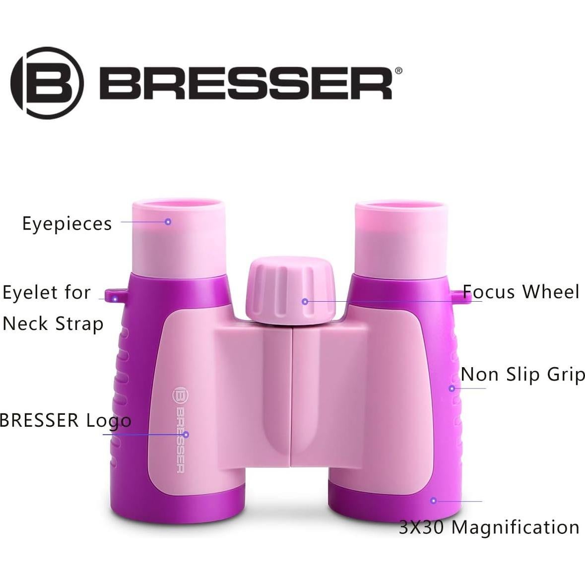 Binoculares Bresser 3x30 para Niños Rosa, Compactos y Resistentes