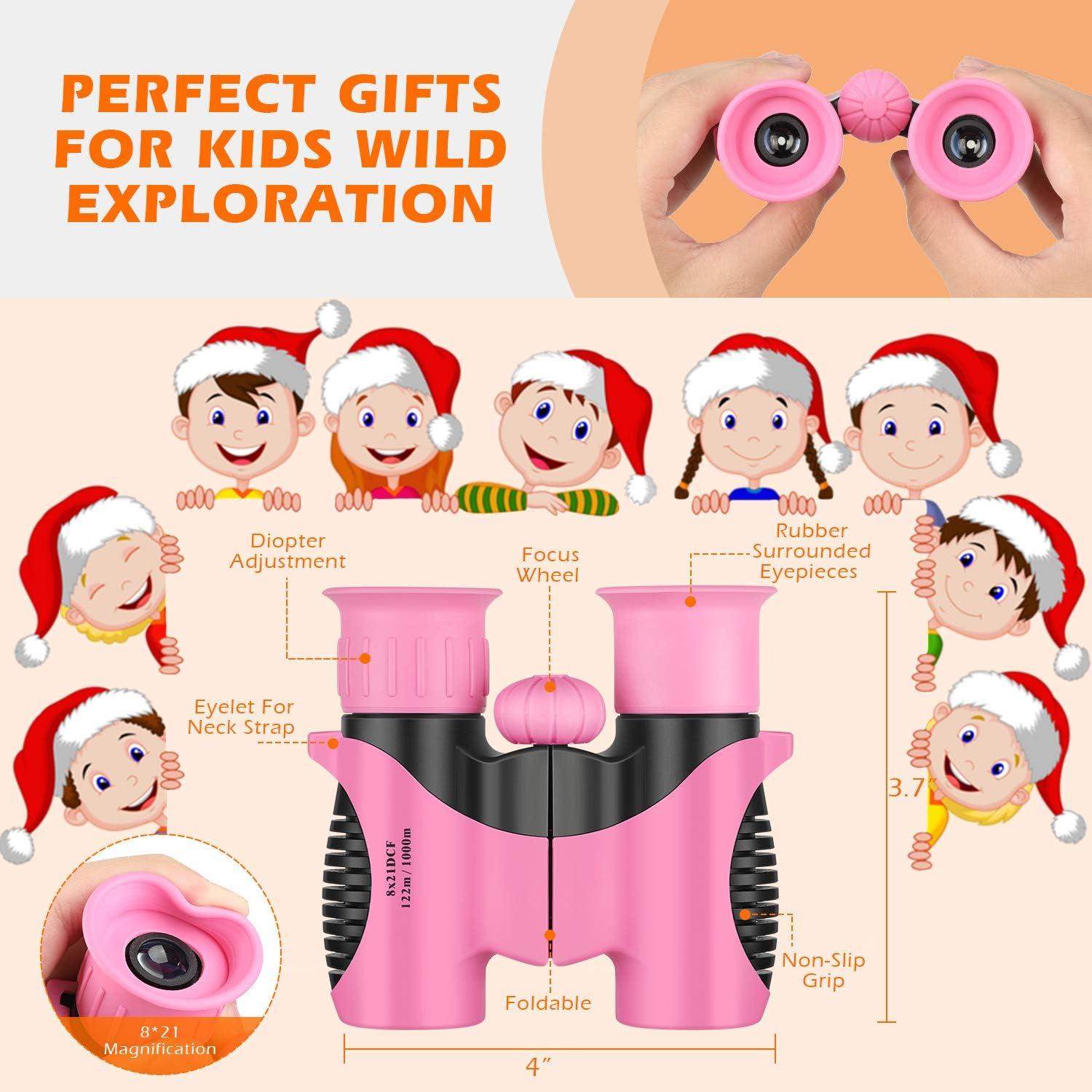 Binoculares Compactos para Niños QTECLOR 8x21 Rosa Antigolpes