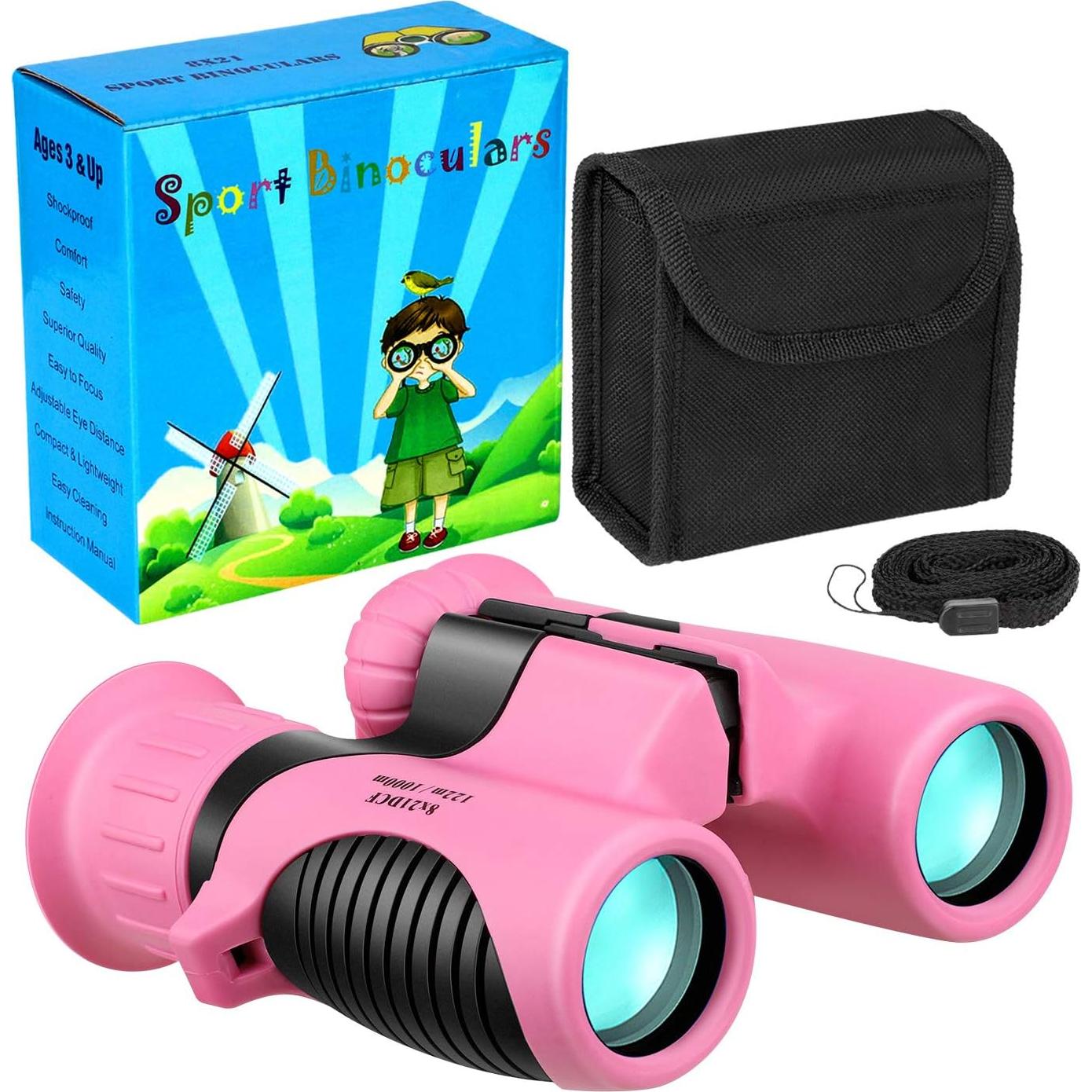 Binoculares Compactos para Niños QTECLOR 8x21 Rosa Antigolpes