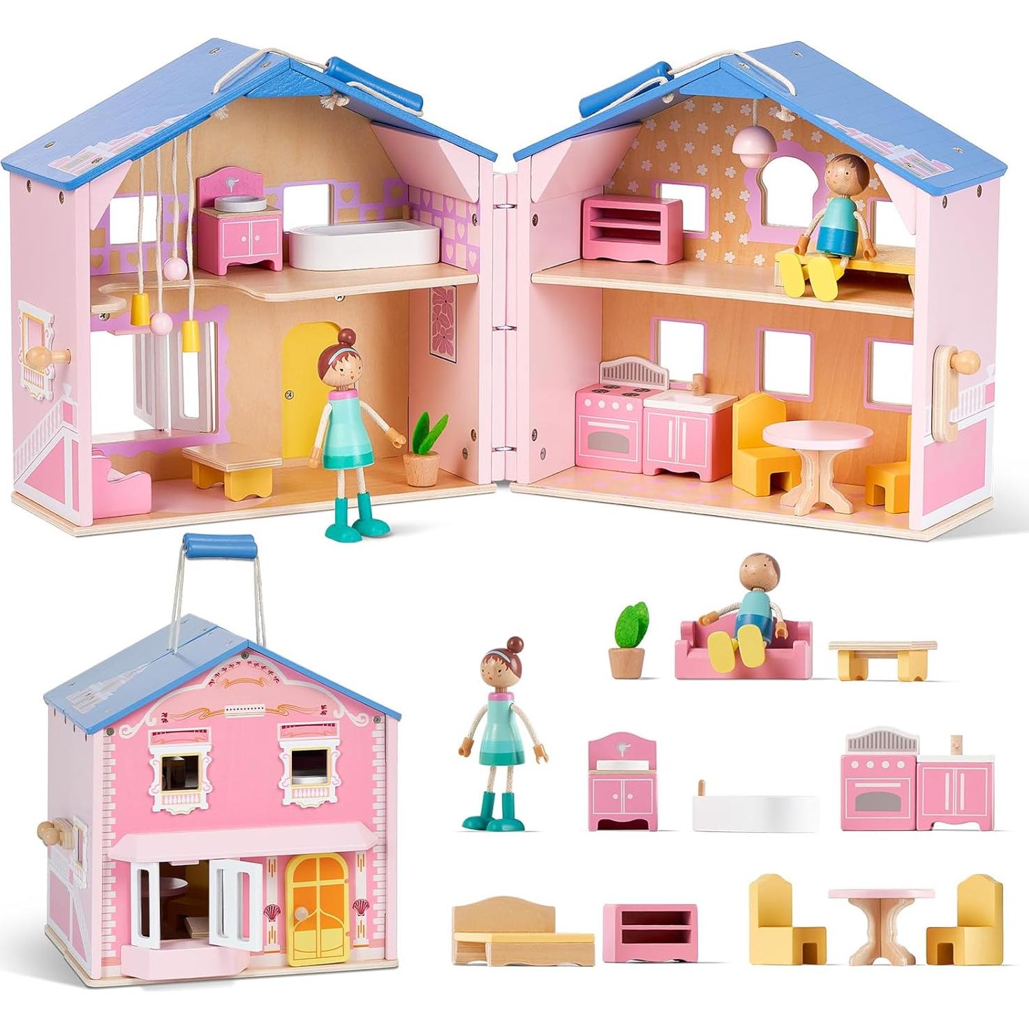 Casa de Muñecas de Madera Rosa Giant Bean con Muebles y 2 Muñecas