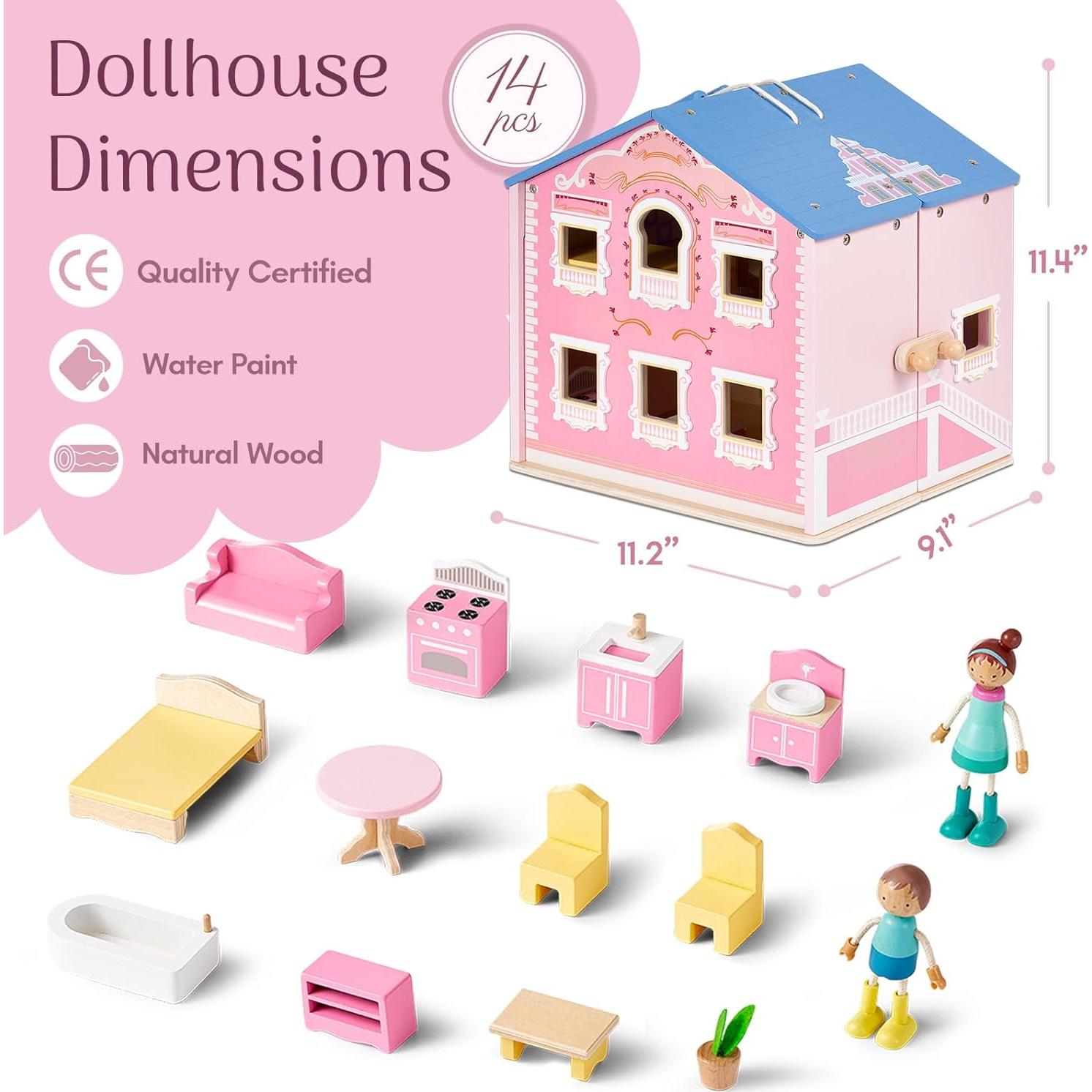 Casa de Muñecas de Madera Rosa Giant Bean con Muebles y 2 Muñecas