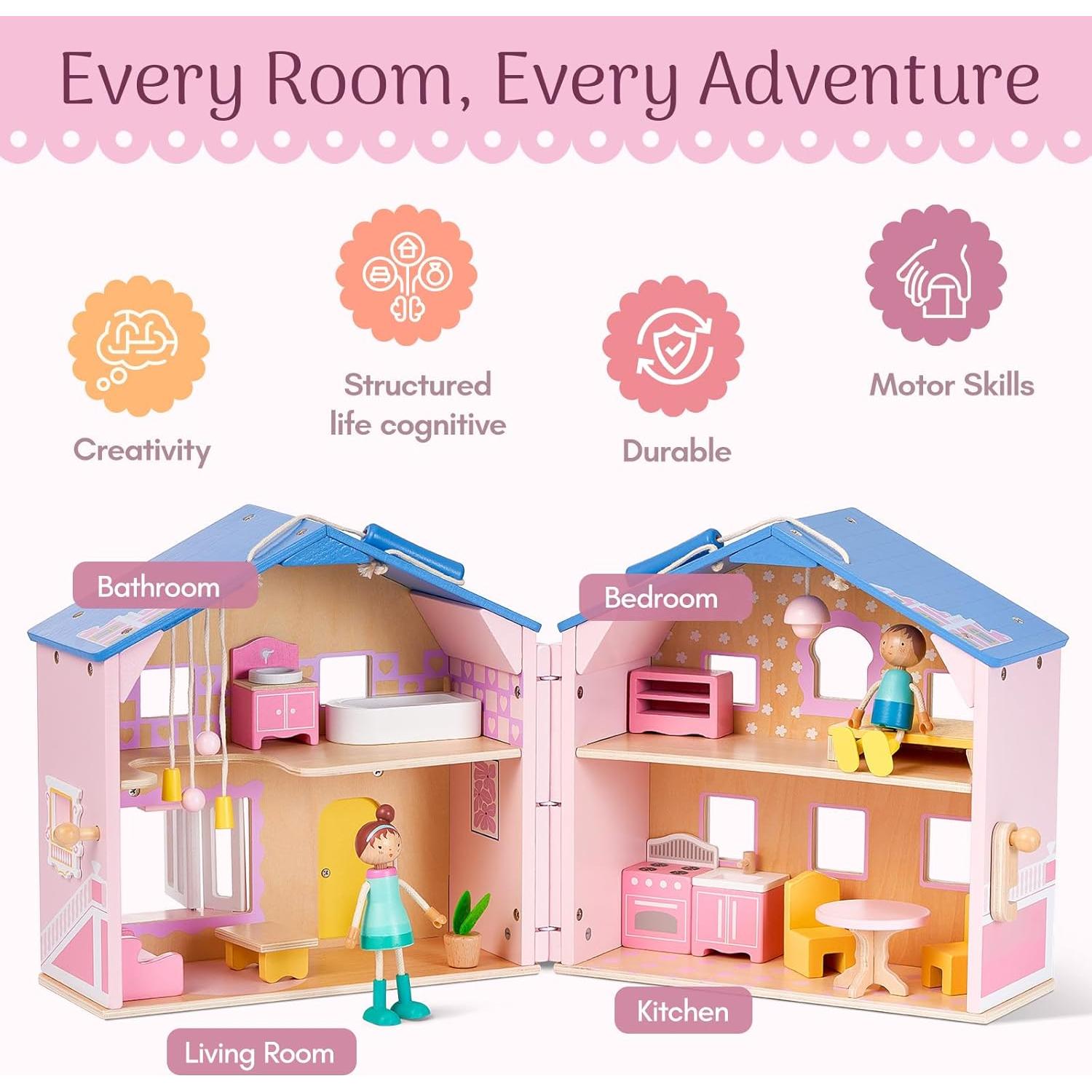 Casa de Muñecas de Madera Rosa Giant Bean con Muebles y 2 Muñecas