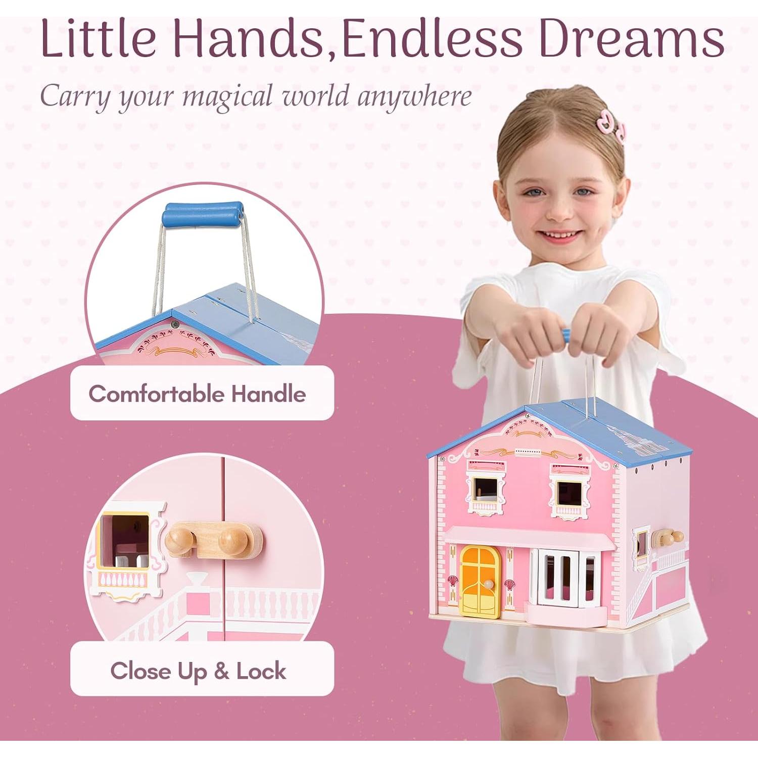 Casa de Muñecas de Madera Rosa Giant Bean con Muebles y 2 Muñecas