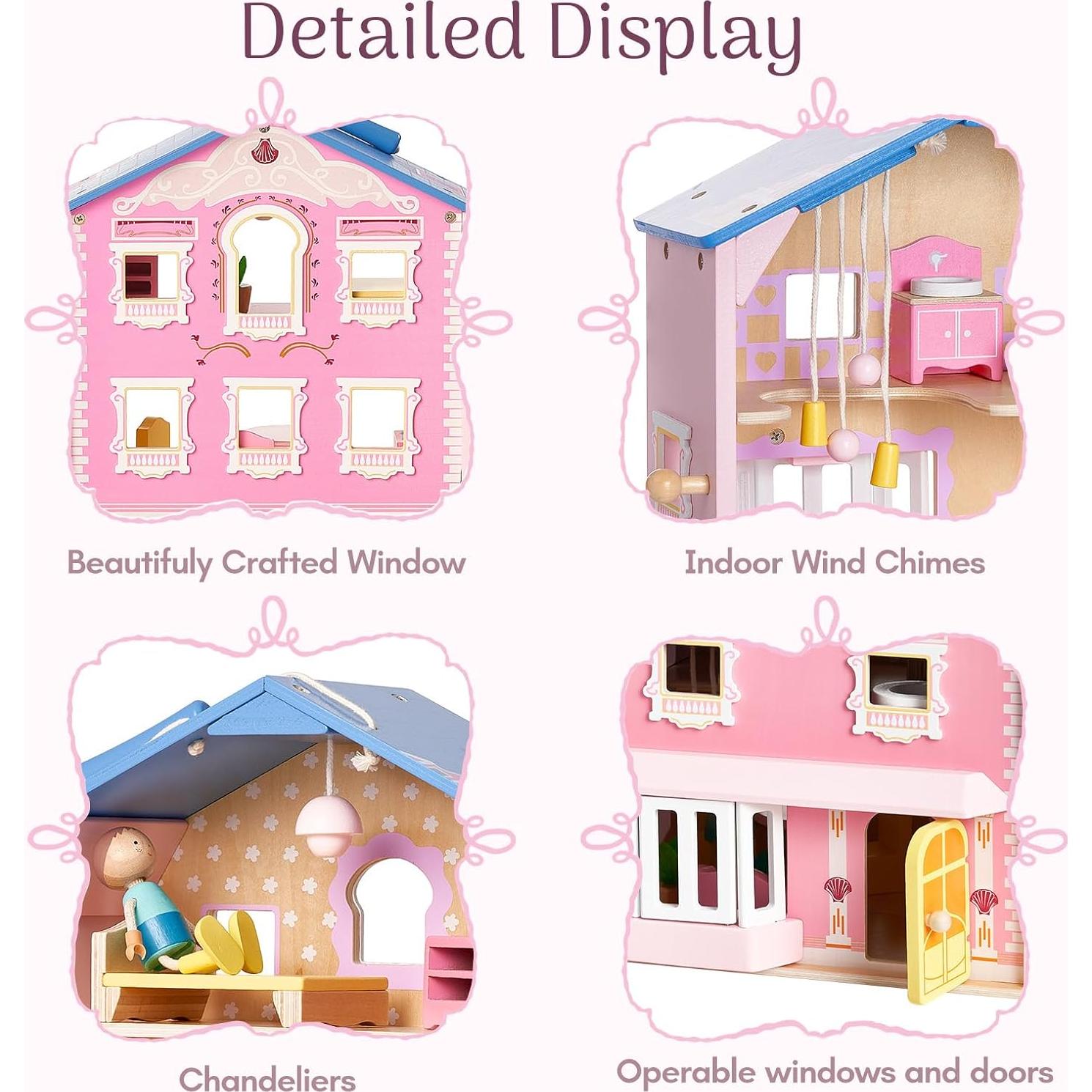 Casa de Muñecas de Madera Rosa Giant Bean con Muebles y 2 Muñecas