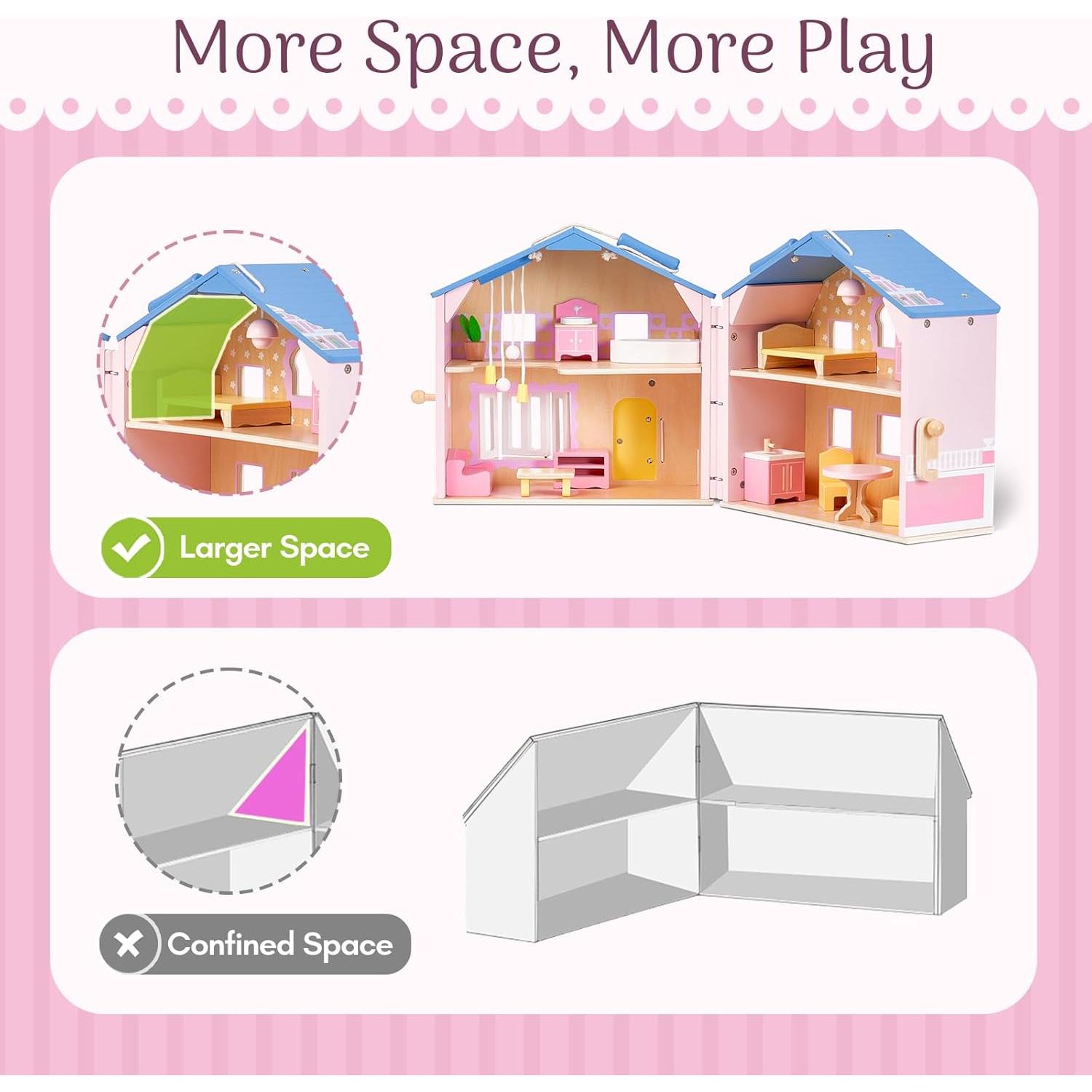 Casa de Muñecas de Madera Rosa Giant Bean con Muebles y 2 Muñecas