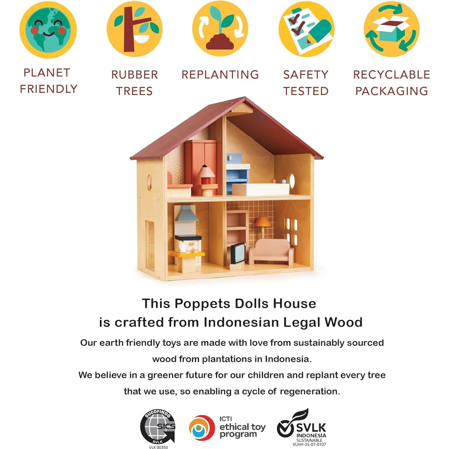 Casa de Muñecas Poppets Mentari - Madera Amueblada 4 Habitaciones