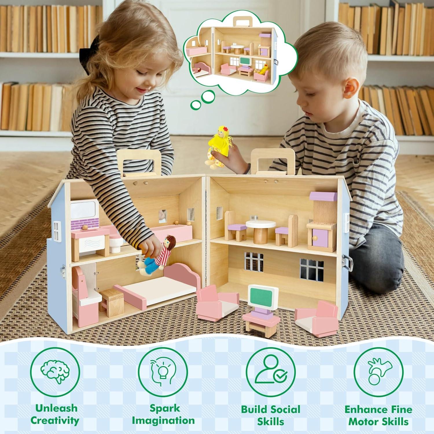 Casa de Muñecas de Madera SimpliPlay Plegable 4 Habitaciones