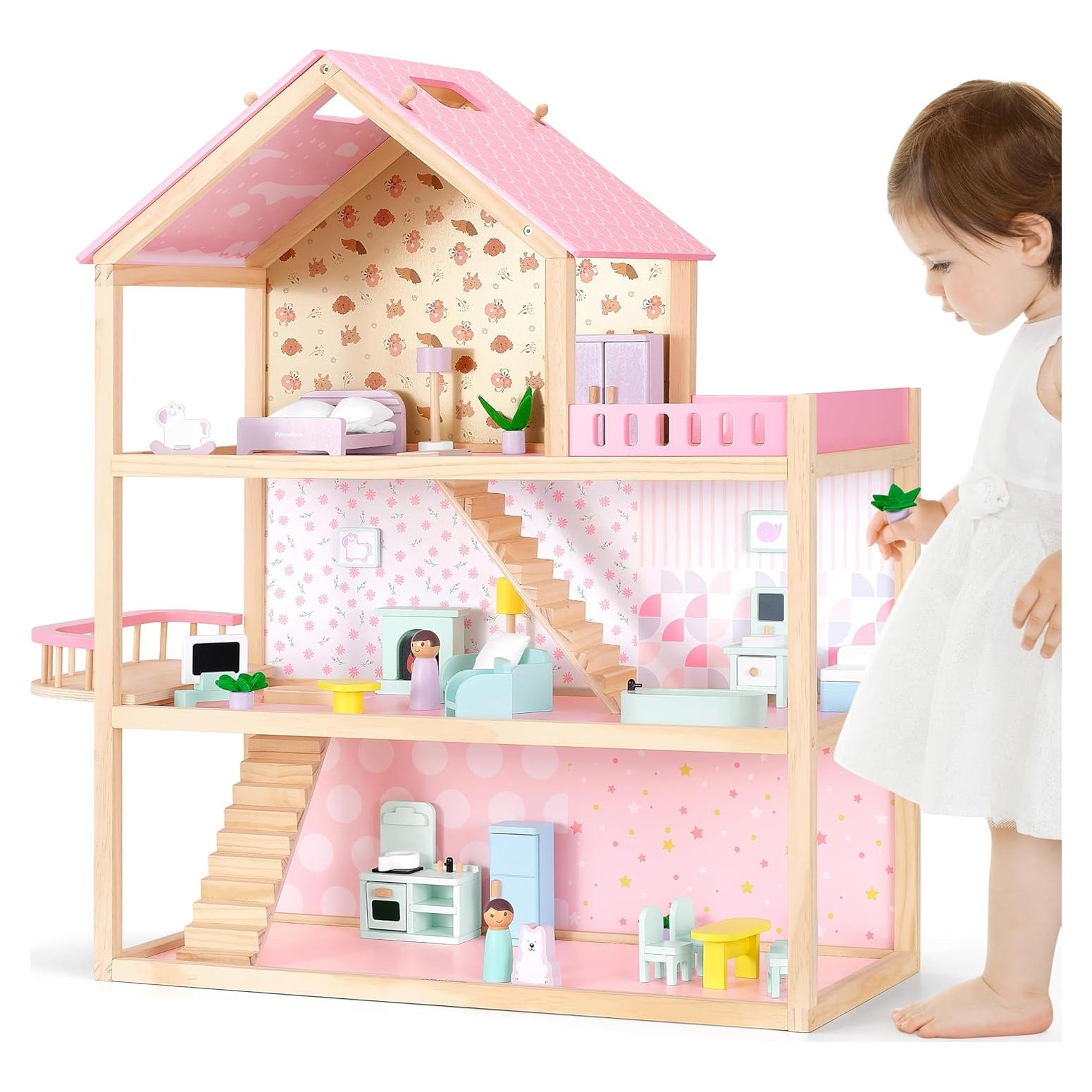 Casa de Muñecas de Madera Rosa Pillowhale 7 Habitaciones 38 Piezas