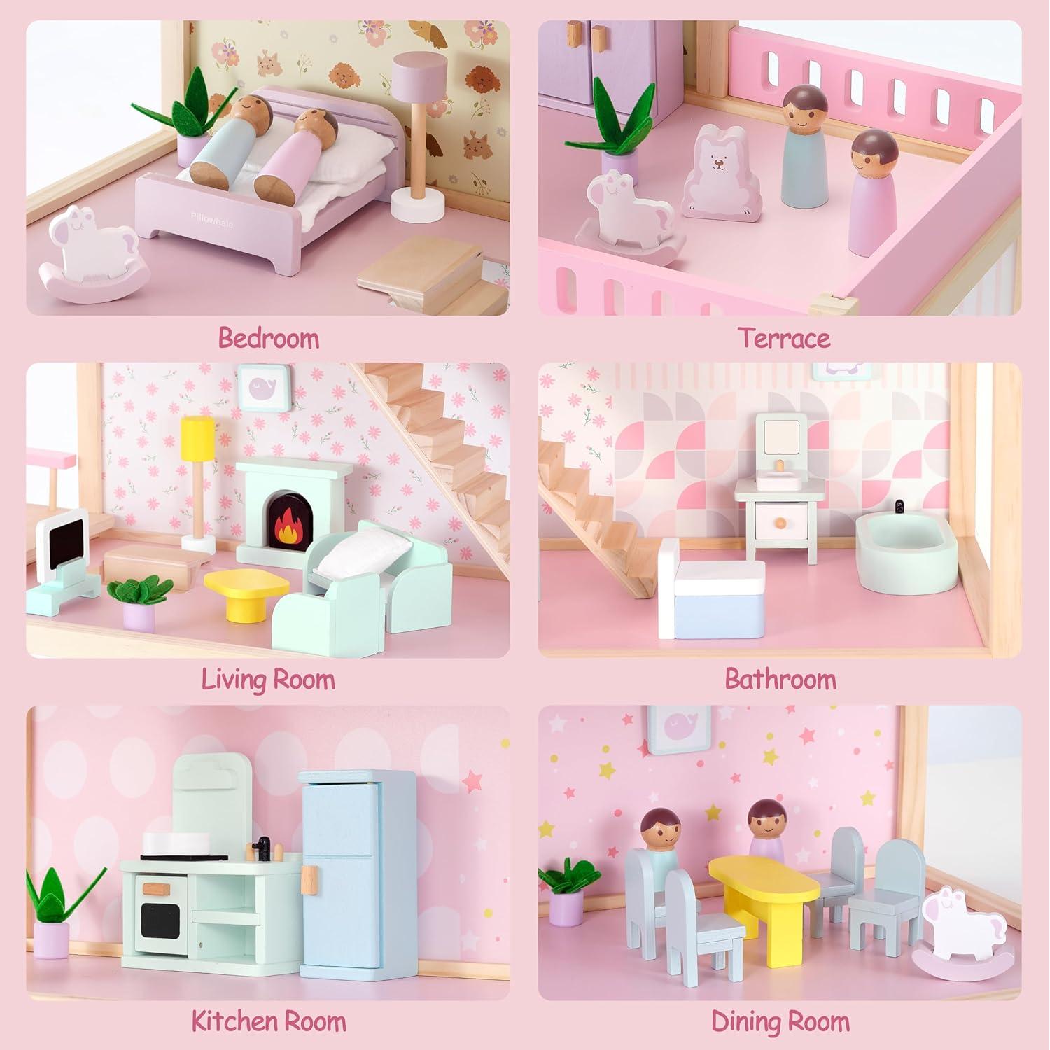 Casa de Muñecas de Madera Rosa Pillowhale 7 Habitaciones 38 Piezas