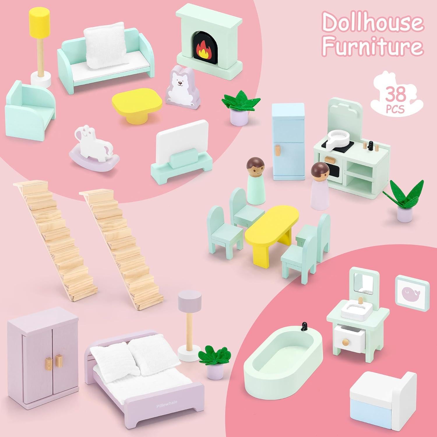 Casa de Muñecas de Madera Rosa Pillowhale 7 Habitaciones 38 Piezas