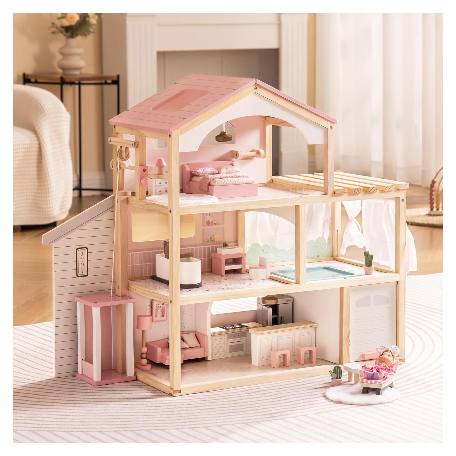 Casa de Muñecas de Madera ROBUD con 6 Habitaciones y Muebles