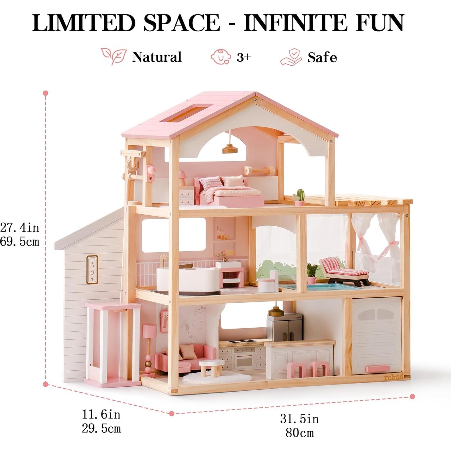 Casa de Muñecas de Madera ROBUD con 6 Habitaciones y Muebles