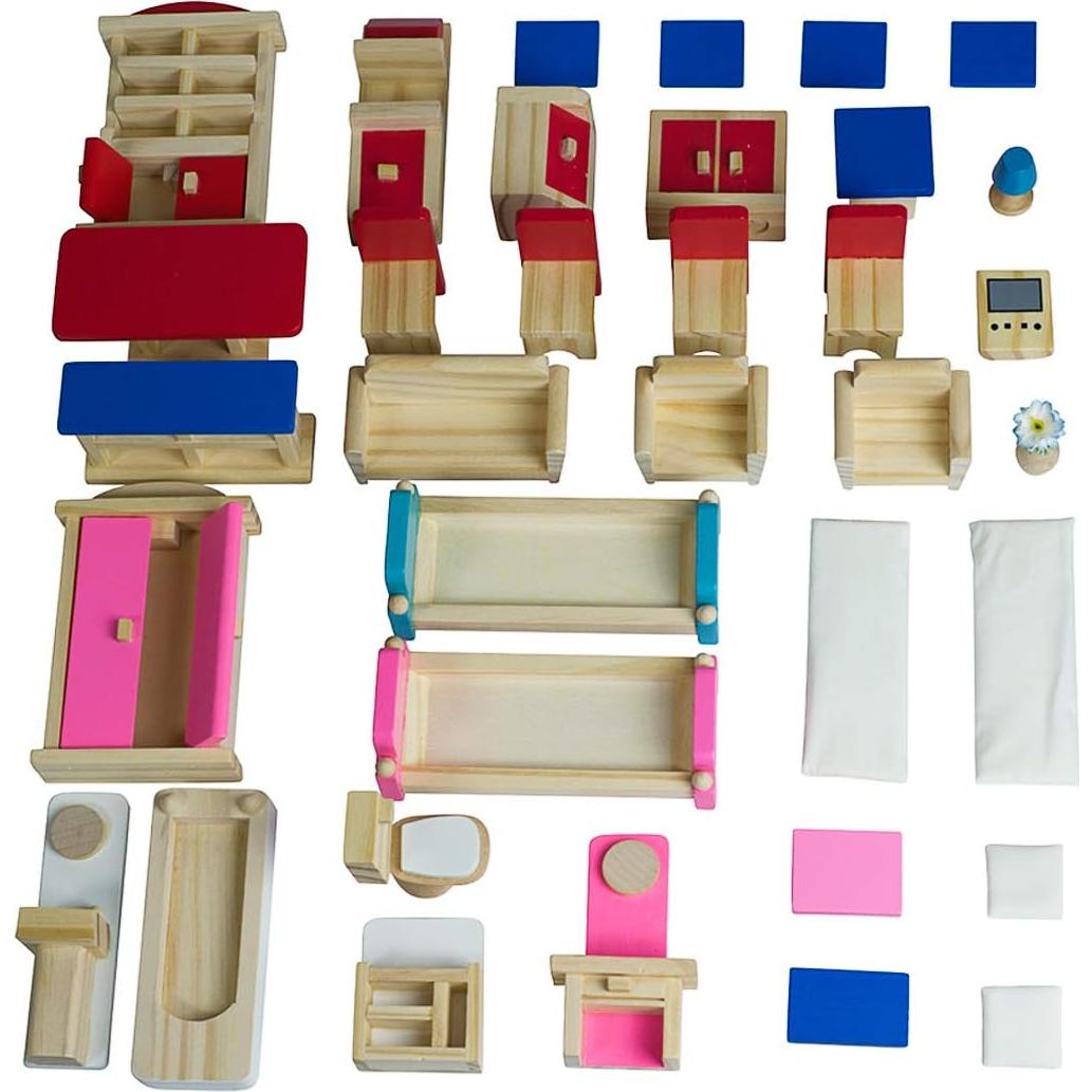 Muebles de Casa de Muñecas Seanmi - 35 Piezas, Madera, 5 Juegos