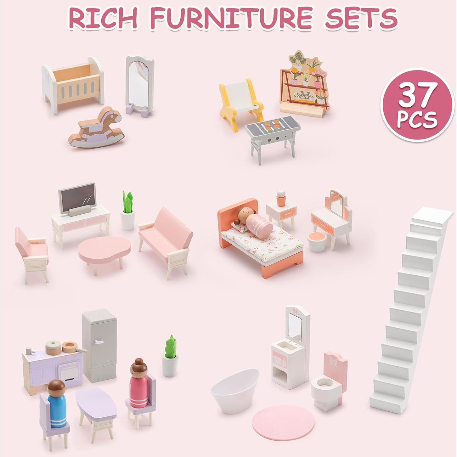 Casa de Muñecas de Madera SainSmart Jr. 3 Pisos 37 Piezas