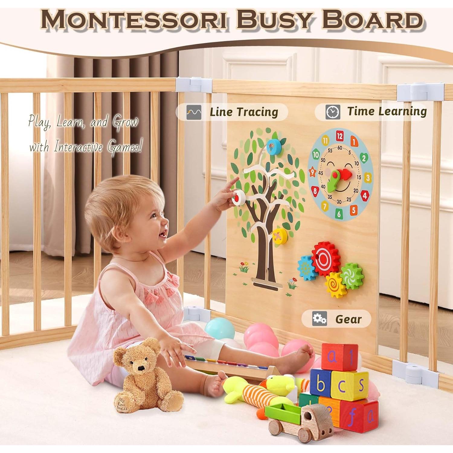 All-in-one Wood Baby Playpen with Door, Adjustable Wooden Play Fence with Dual-Sided Chalkboard, Whiteboard & Montessori Activity Toys, Expandable Activity Center Safe Playard for Babies 3M+