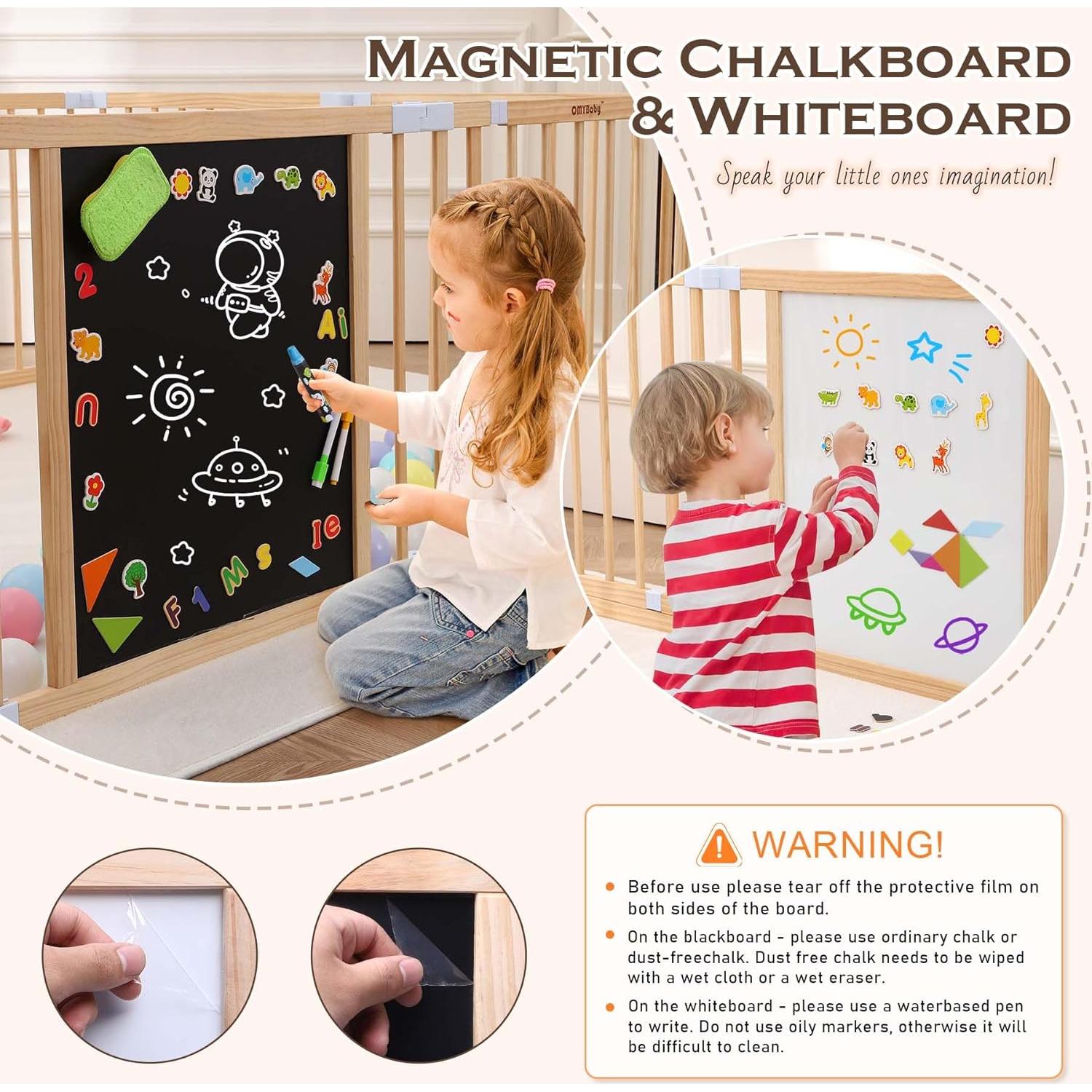 All-in-one Wood Baby Playpen with Door, Adjustable Wooden Play Fence with Dual-Sided Chalkboard, Whiteboard & Montessori Activity Toys, Expandable Activity Center Safe Playard for Babies 3M+