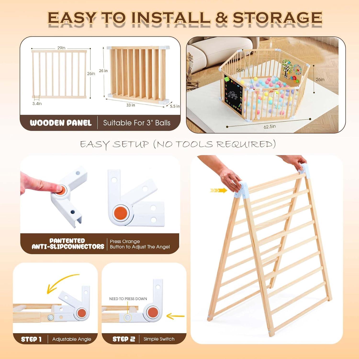 All-in-one Wood Baby Playpen with Door, Adjustable Wooden Play Fence with Dual-Sided Chalkboard, Whiteboard & Montessori Activity Toys, Expandable Activity Center Safe Playard for Babies 3M+