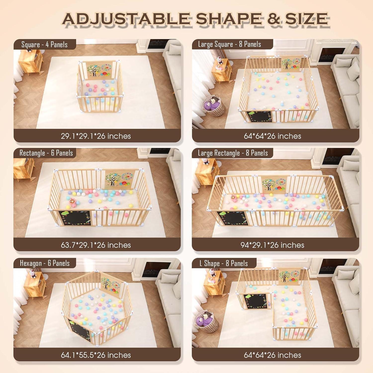 All-in-one Wood Baby Playpen with Door, Adjustable Wooden Play Fence with Dual-Sided Chalkboard, Whiteboard & Montessori Activity Toys, Expandable Activity Center Safe Playard for Babies 3M+