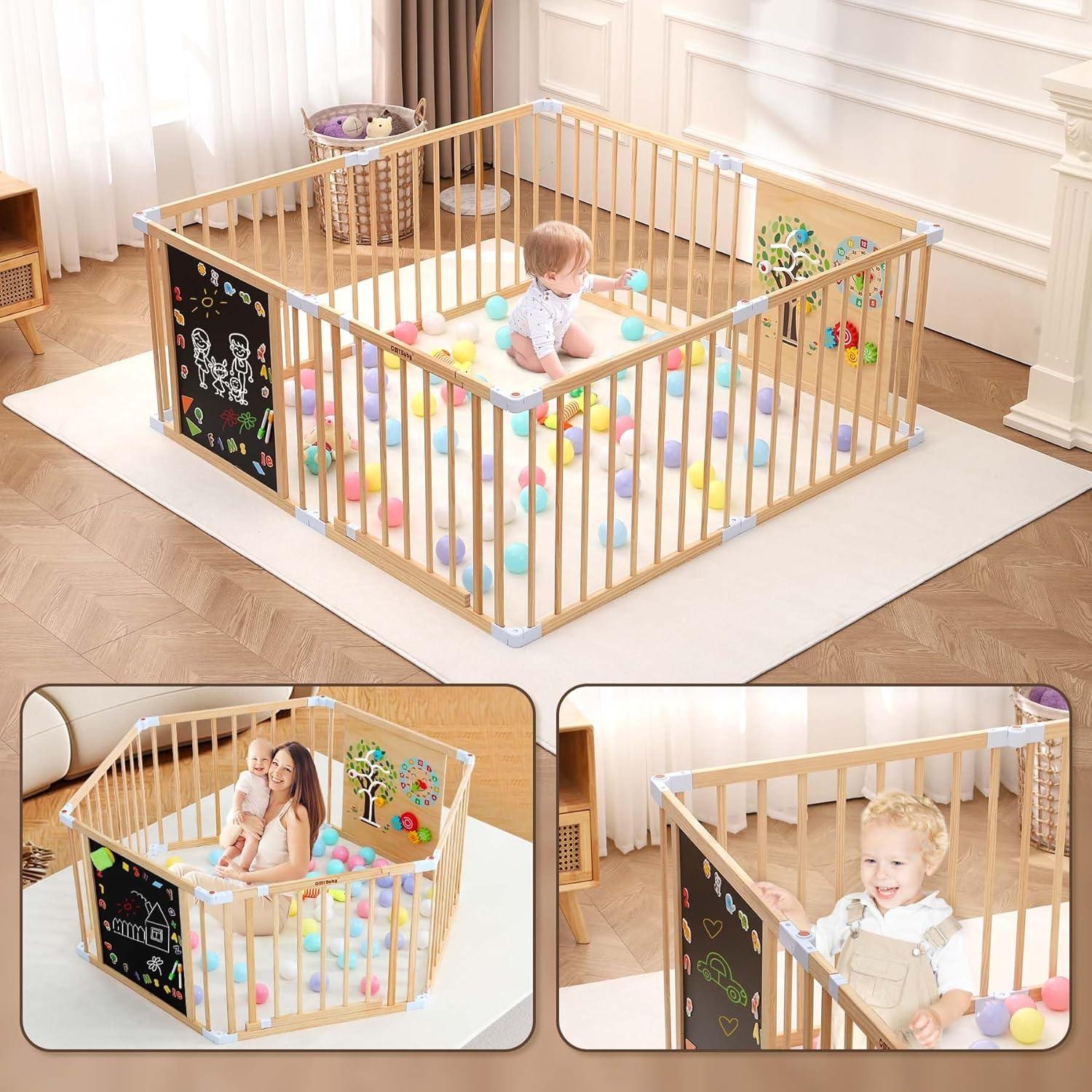 All-in-one Wood Baby Playpen with Door, Adjustable Wooden Play Fence with Dual-Sided Chalkboard, Whiteboard & Montessori Activity Toys, Expandable Activity Center Safe Playard for Babies 3M+