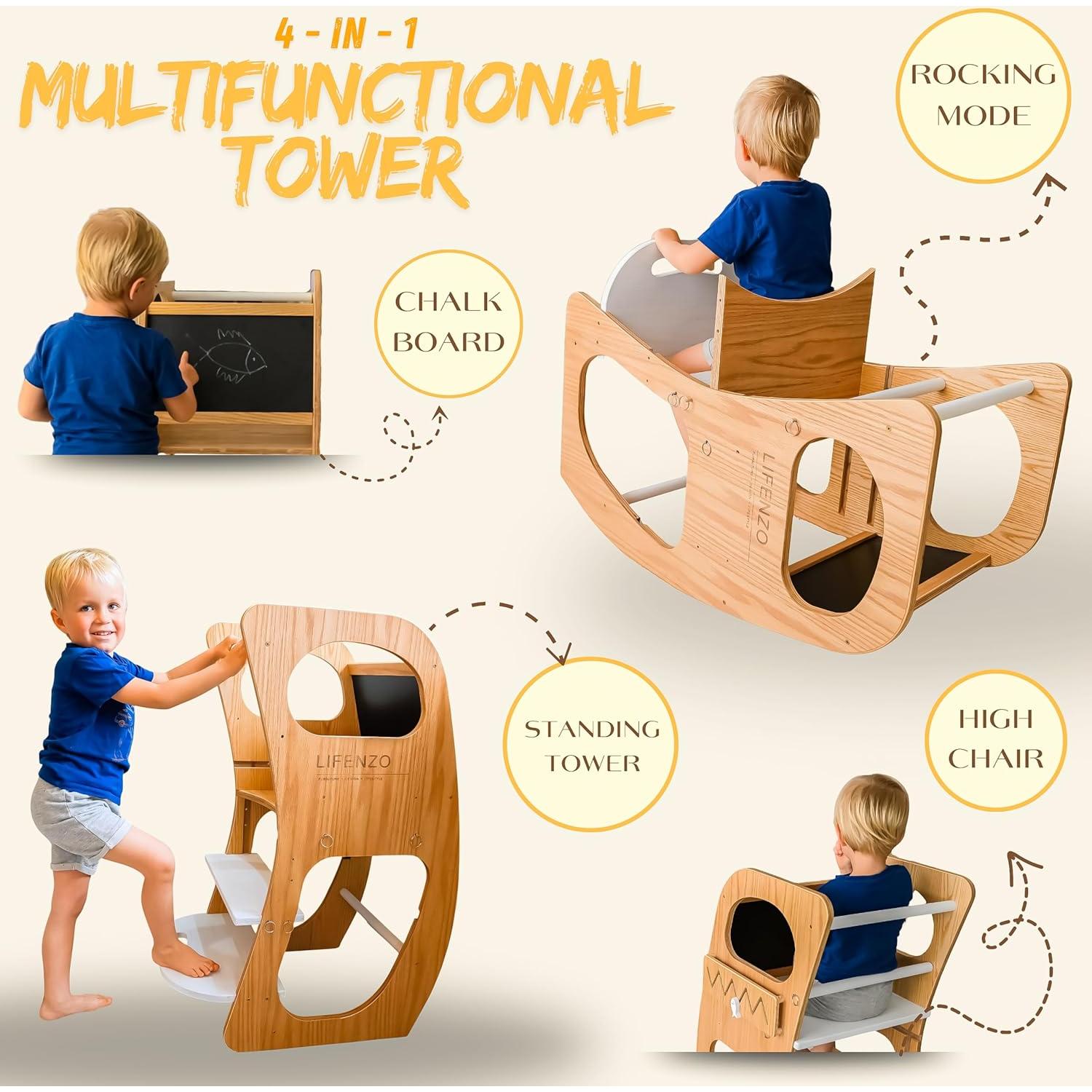 Torre Montessori 4-en-1 LIFENZO para Niños - Taburete Ajustable