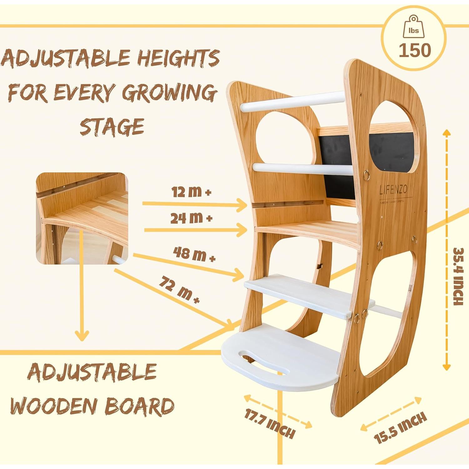Torre Montessori 4-en-1 LIFENZO para Niños - Taburete Ajustable