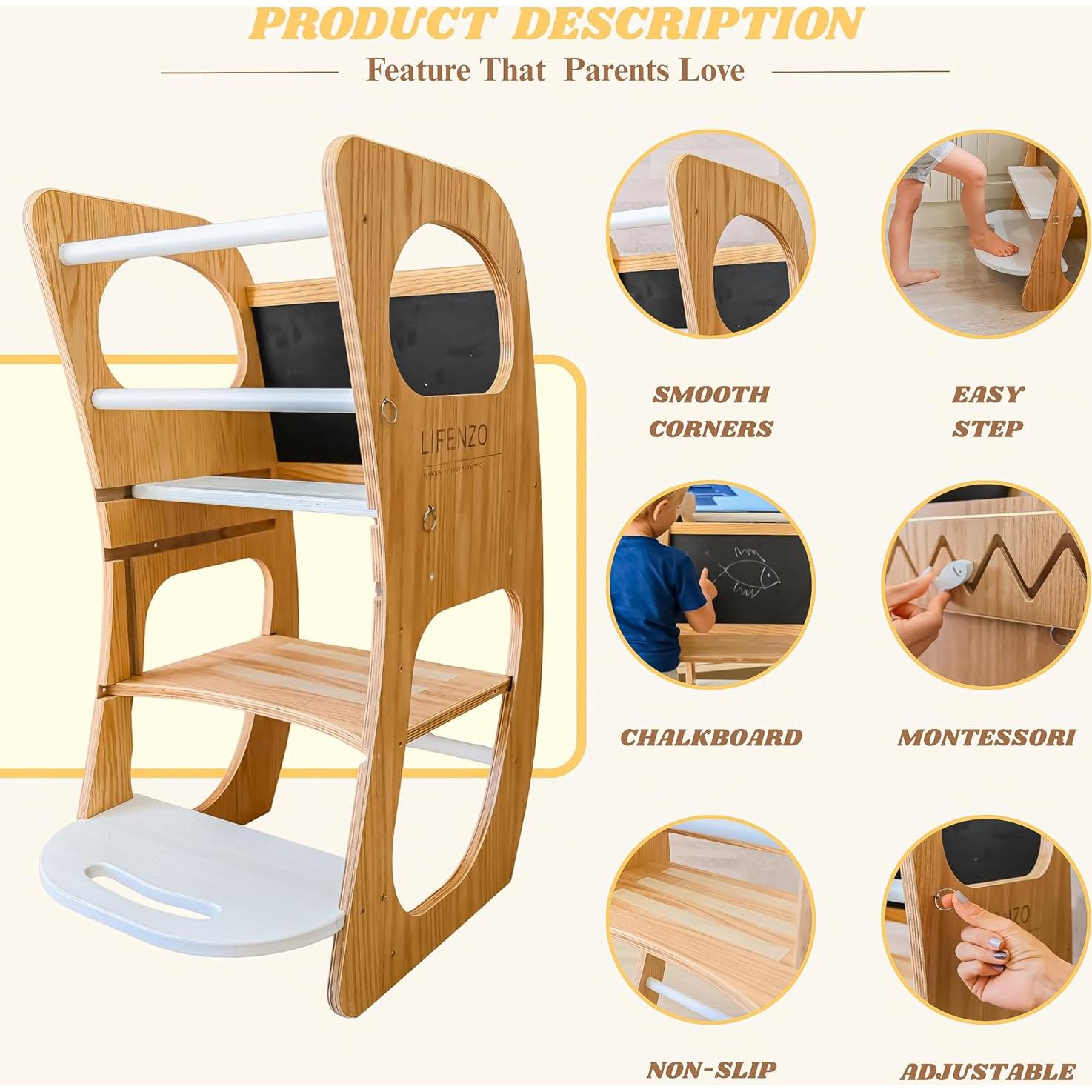 Torre Montessori 4-en-1 LIFENZO para Niños - Taburete Ajustable