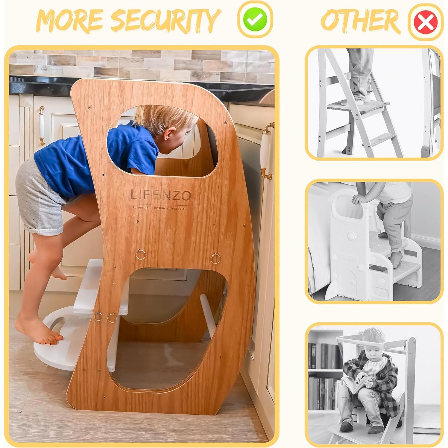 Torre Montessori 4-en-1 LIFENZO para Niños - Taburete Ajustable