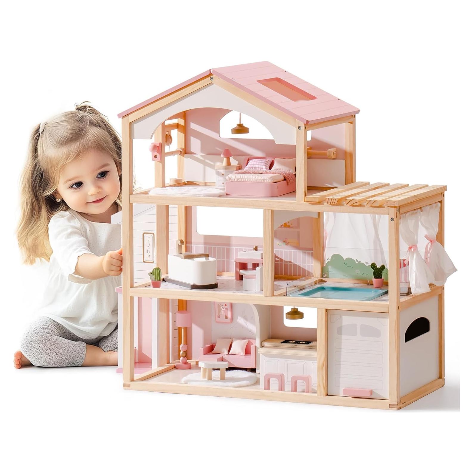 Casa de Muñecas de Madera ROBOTIME Rosa con 29 Muebles