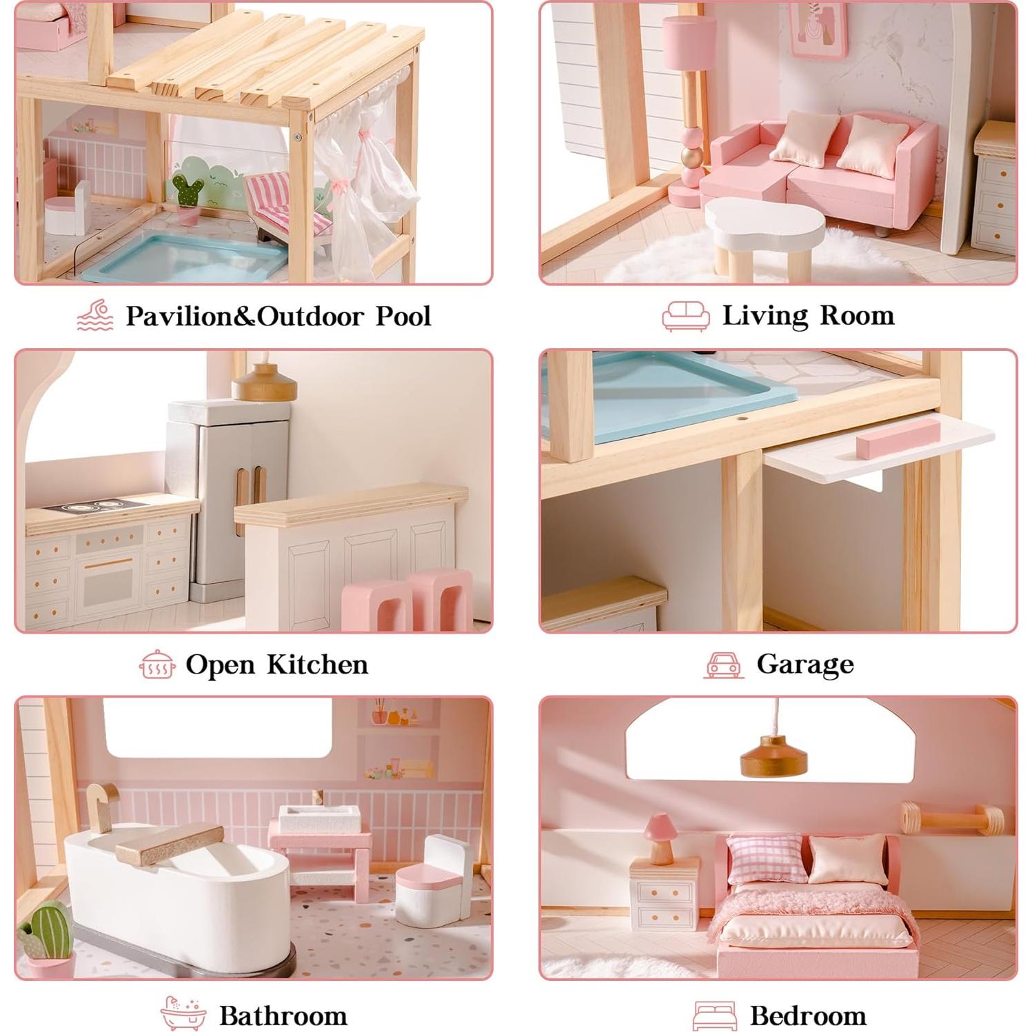 Casa de Muñecas de Madera ROBOTIME Rosa con 29 Muebles