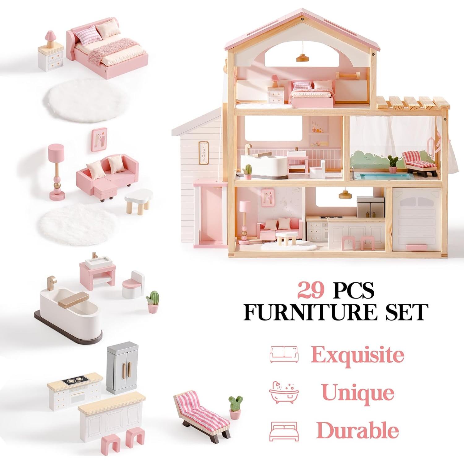 Casa de Muñecas de Madera ROBOTIME Rosa con 29 Muebles