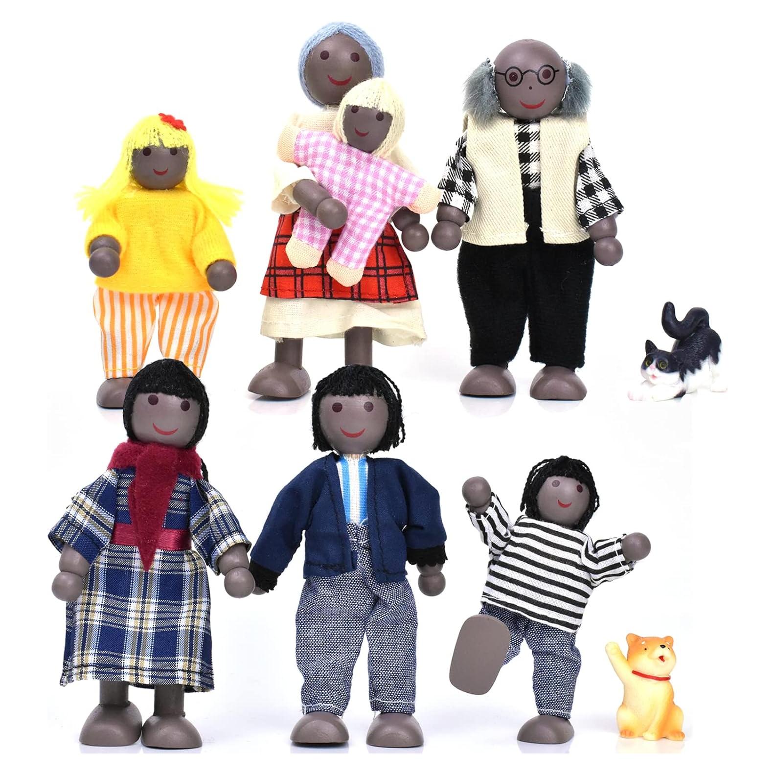 Figuras de Familia de Madera Jzszera con 2 Mascotas - 7 Piezas
