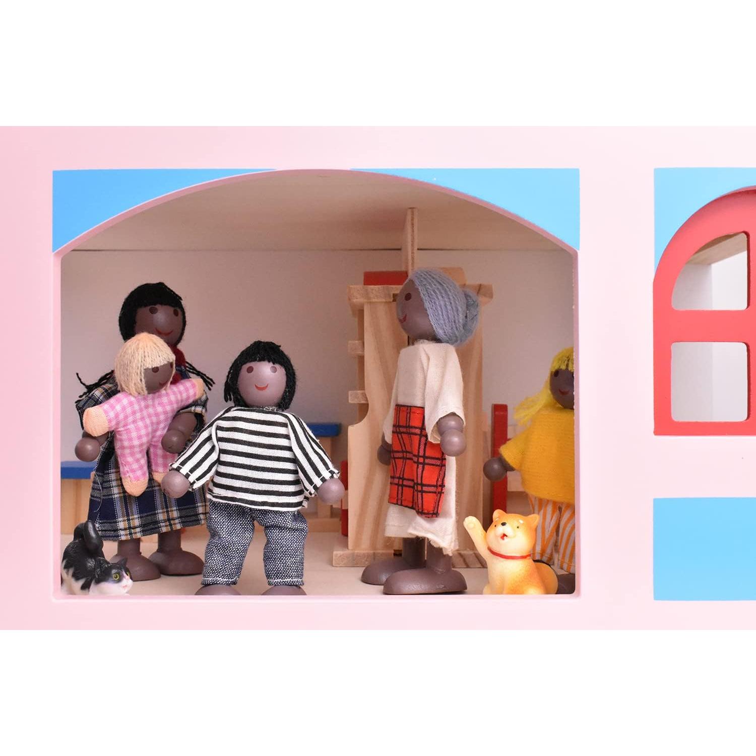 Figuras de Familia de Madera Jzszera con 2 Mascotas - 7 Piezas