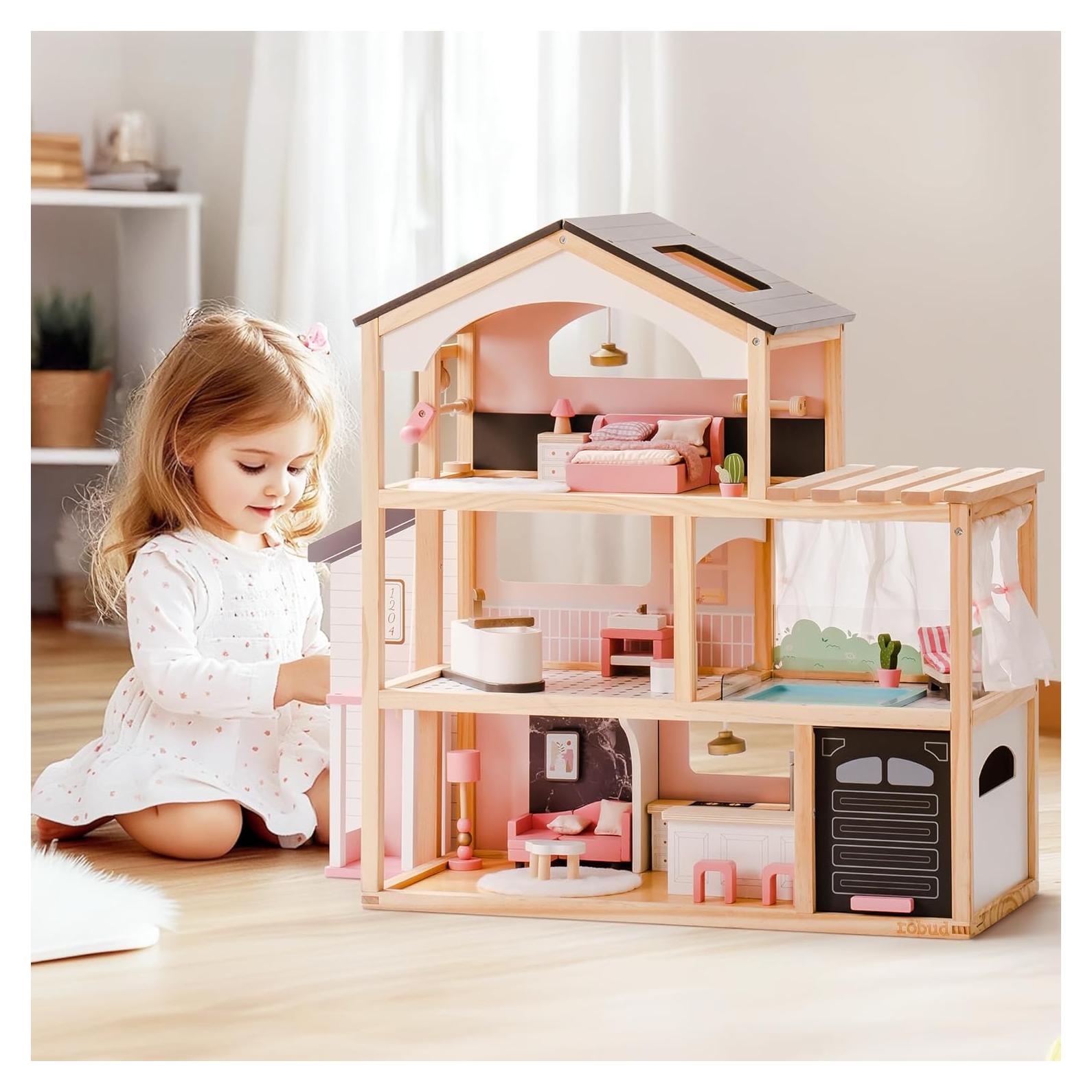 Casa de Muñecas de Madera ROBUD 6 Habitaciones con Muebles