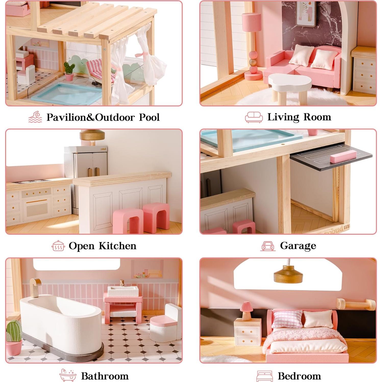 Casa de Muñecas de Madera ROBUD 6 Habitaciones con Muebles