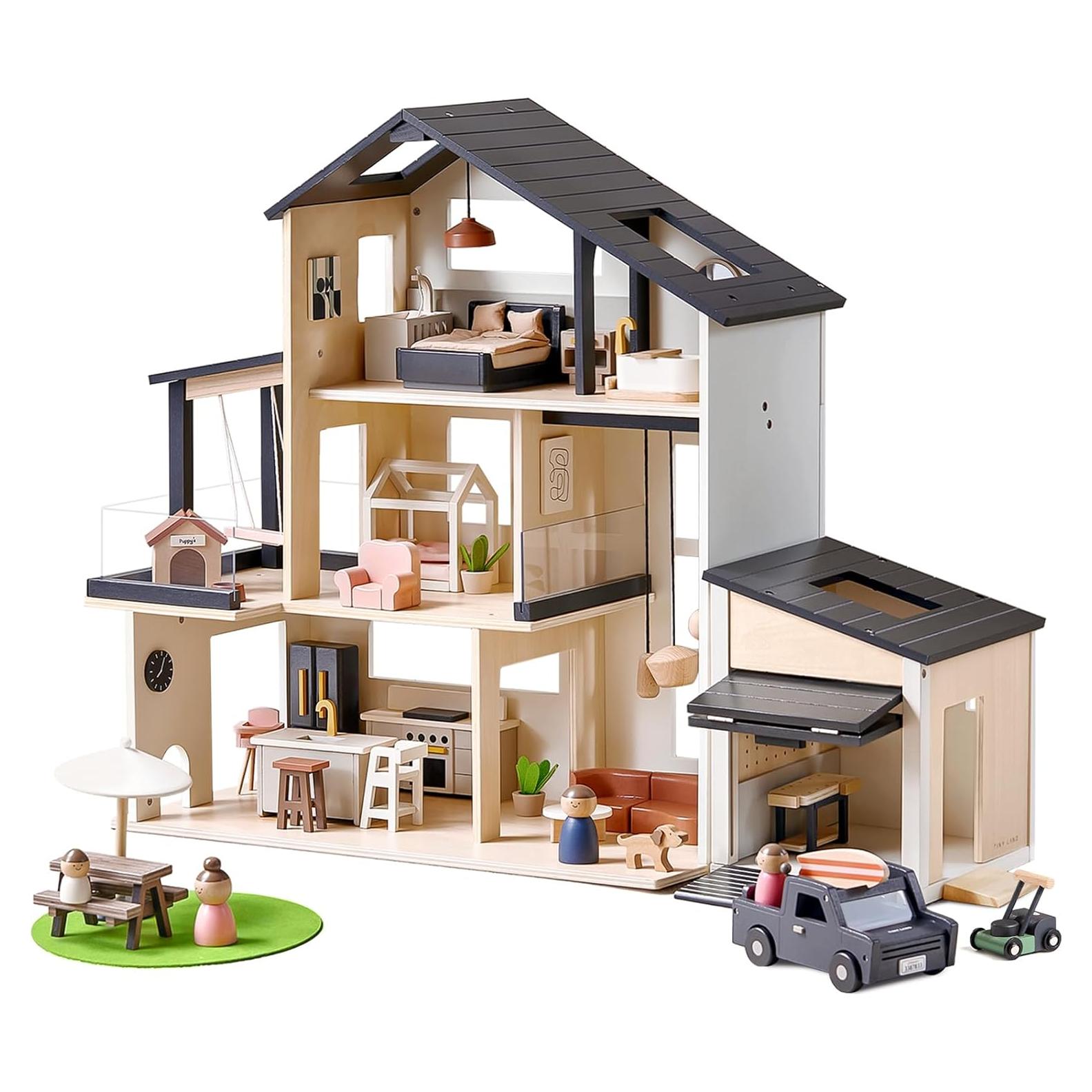Casa de Muñecas Moderna Tiny Land con Garaje de Madera