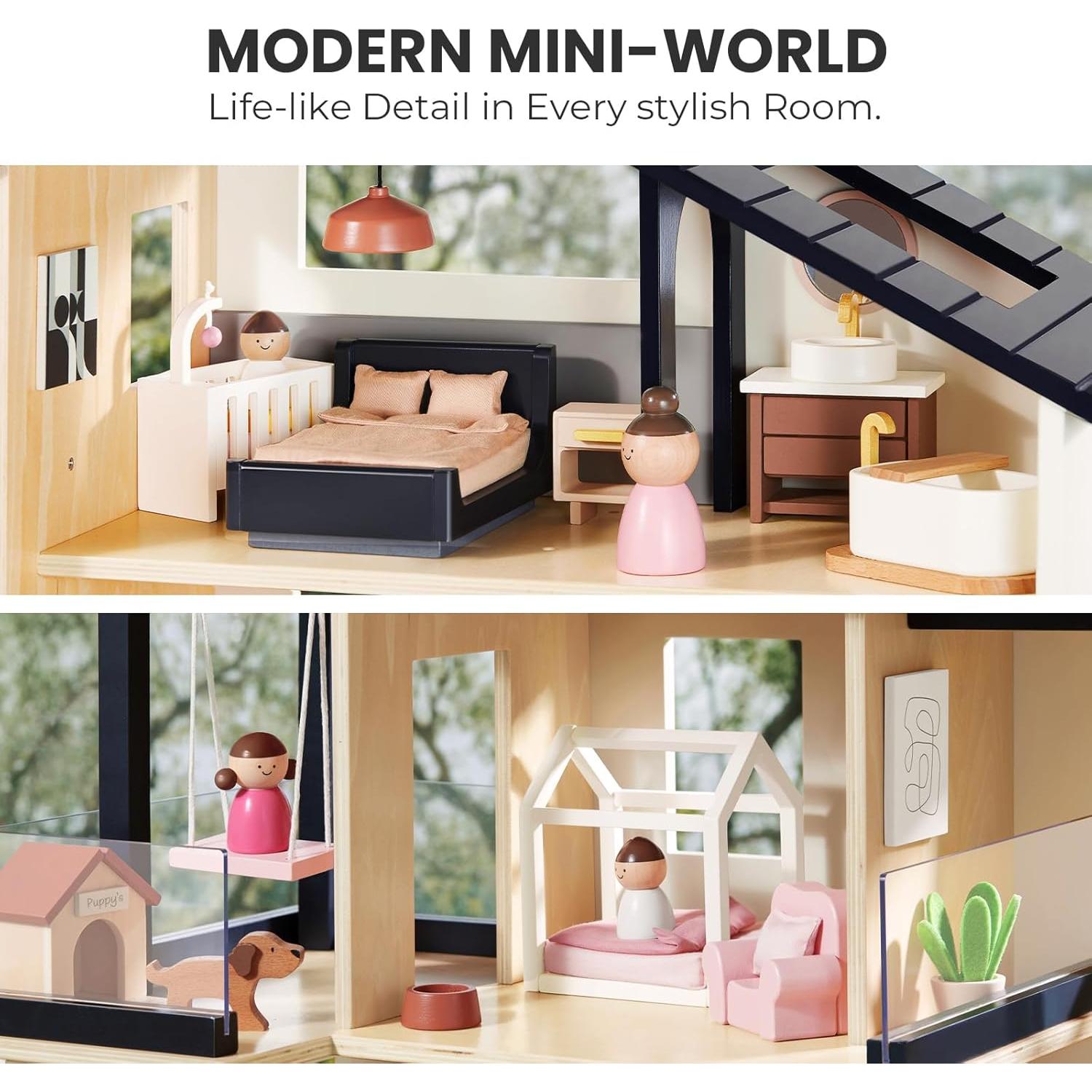 Casa de Muñecas Moderna Tiny Land con Garaje de Madera