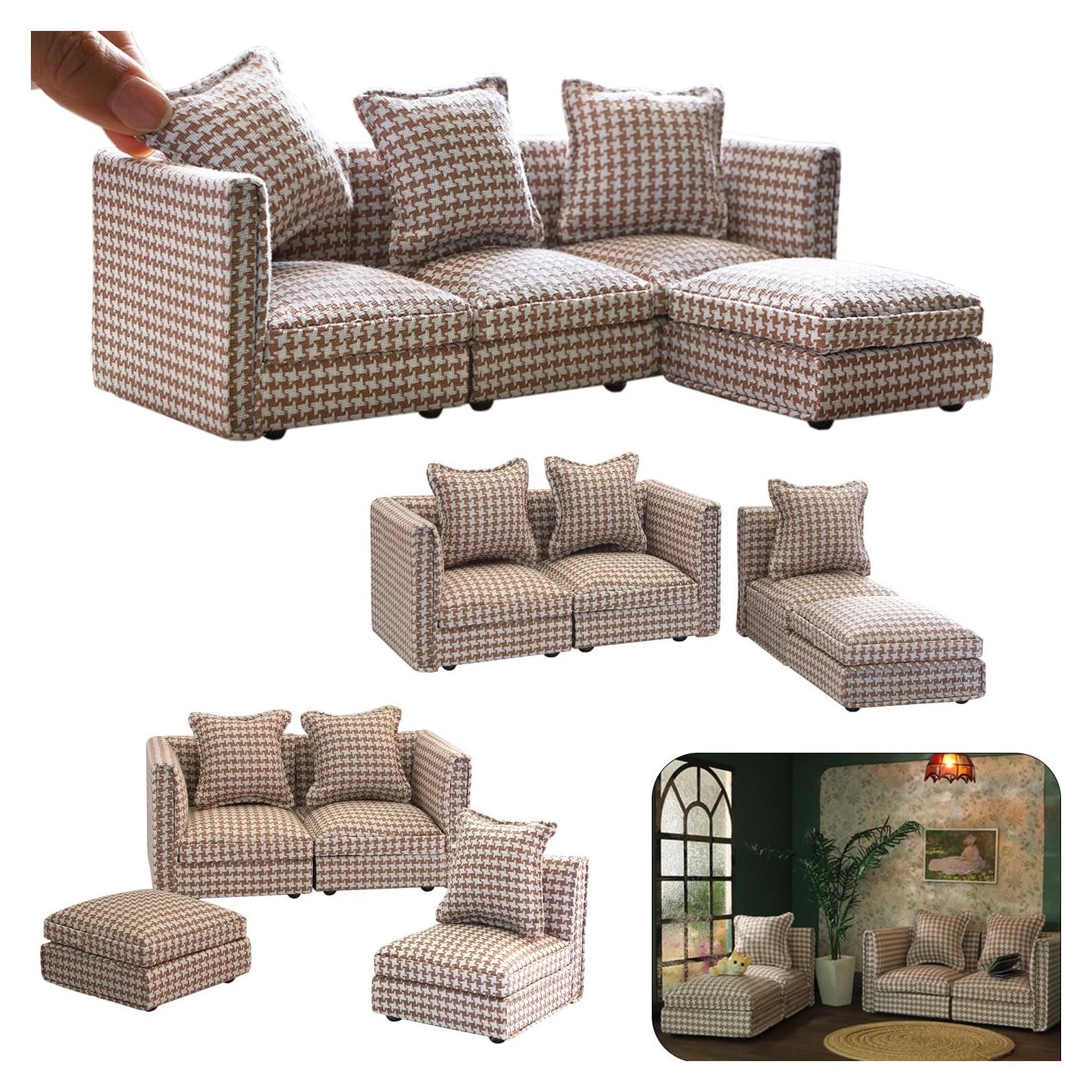 Sofá Seccional Miniatura iLAND Houndstooth Marrón 1:12
