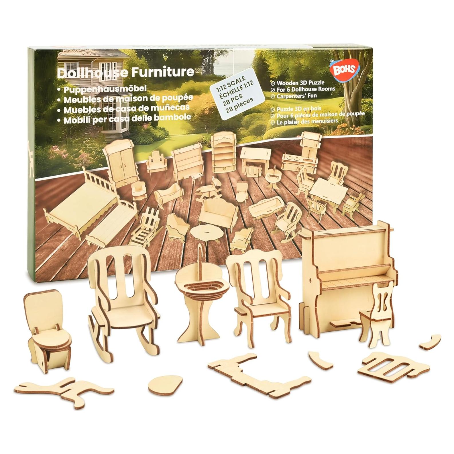 Muebles de Casa de Muñecas de Madera BOHS 1:12 - 28 Piezas