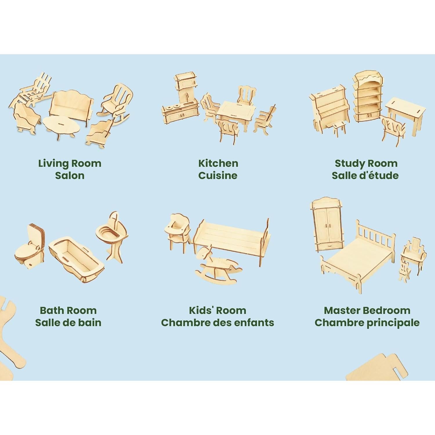 Muebles de Casa de Muñecas de Madera BOHS 1:12 - 28 Piezas